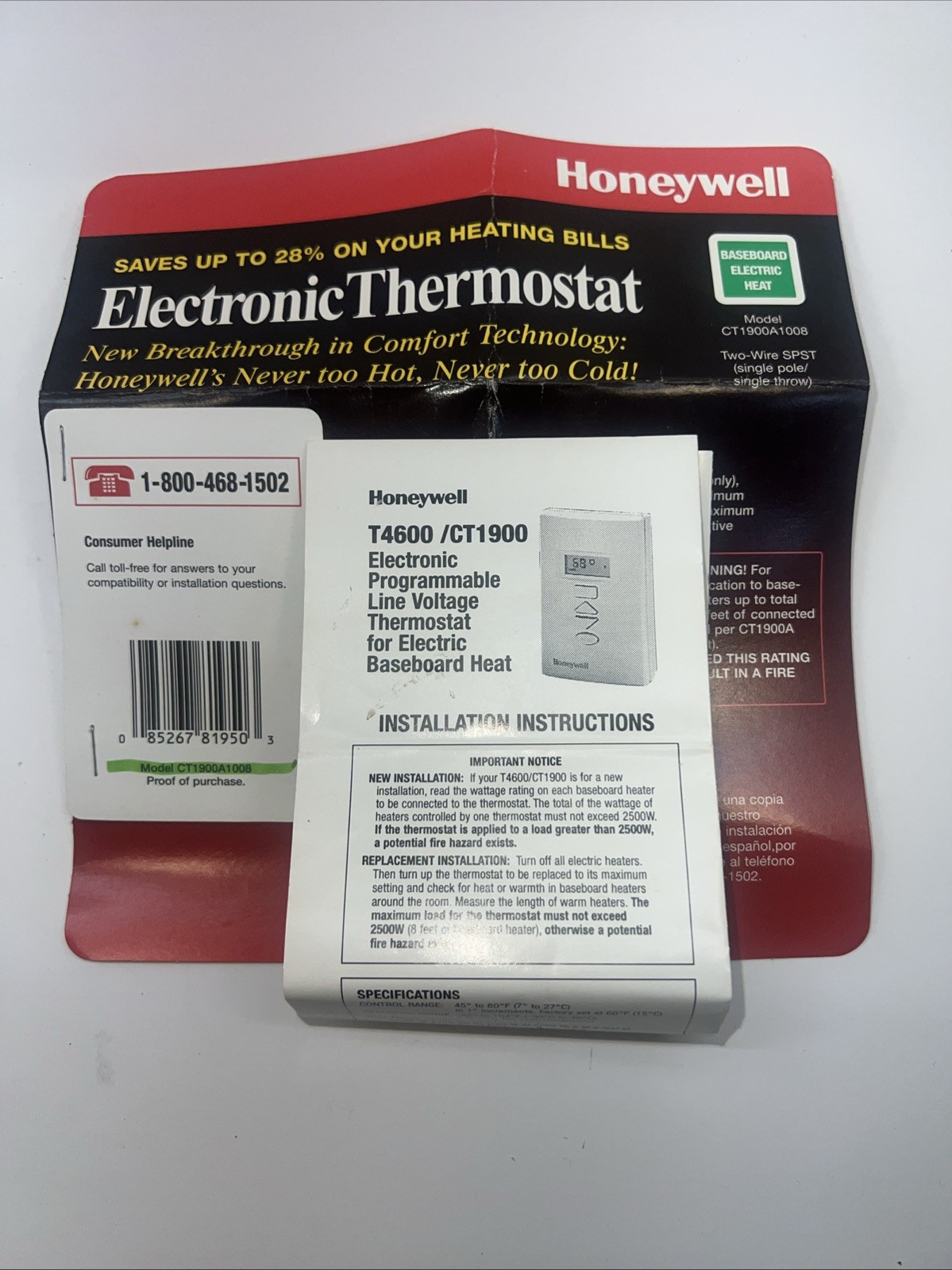 Honeywell CT1900A1008 Two-wire Single Pole/ Single Throw Electronic Thermostat