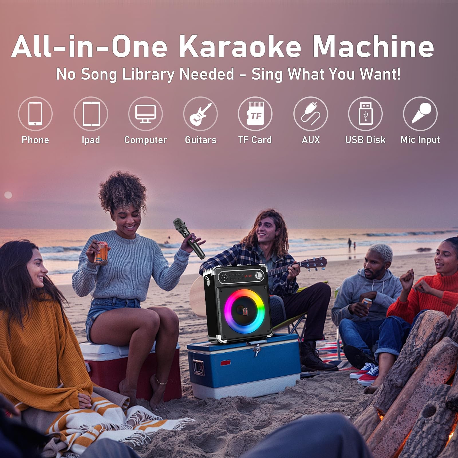 Portable Bluetooth 5.3 Karaoke Machine with 3 Wireless Mics, LED Lights