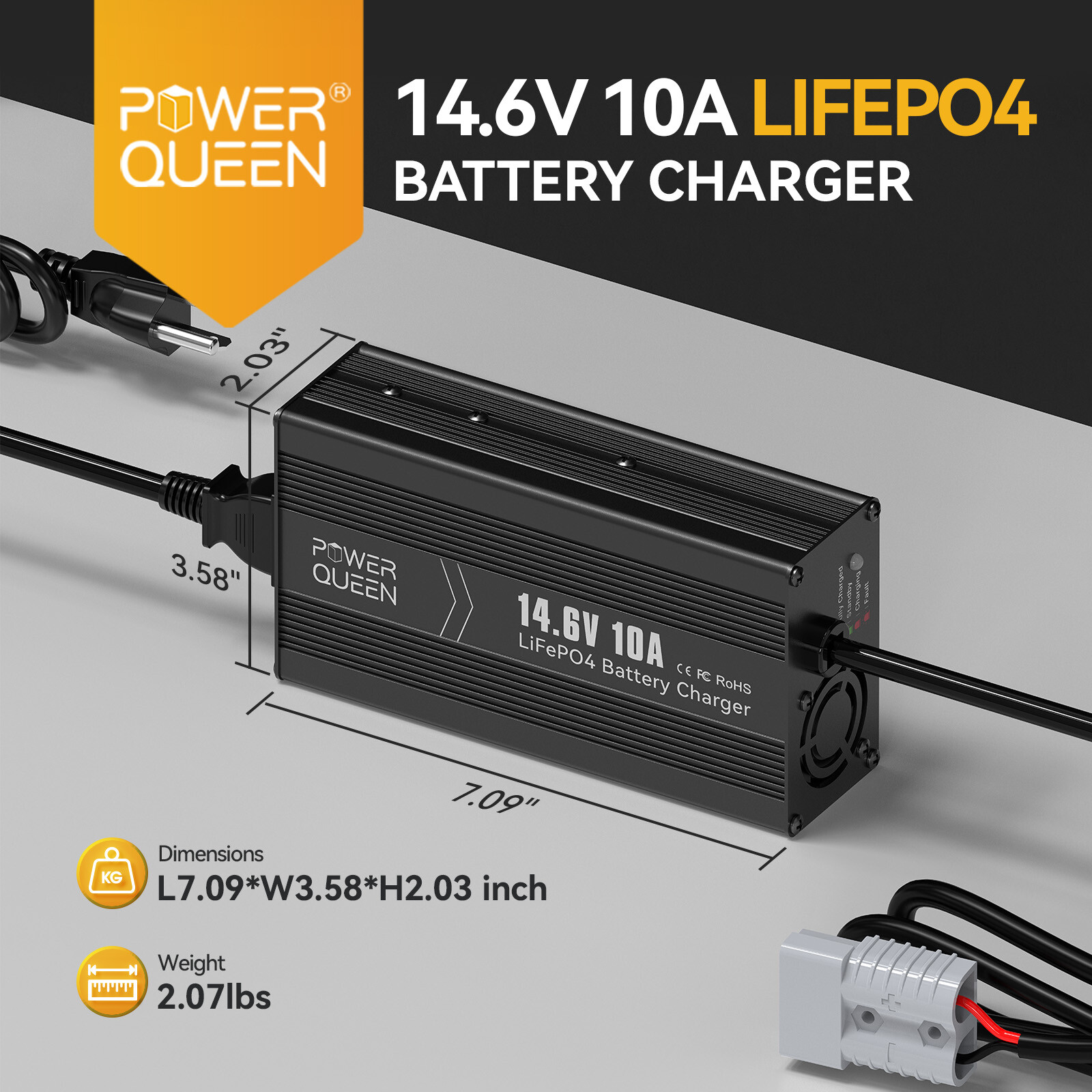 Power Queen 14.6V 10A Smart Battery Charger for 12V Lithium LiFePO4 Batteries
