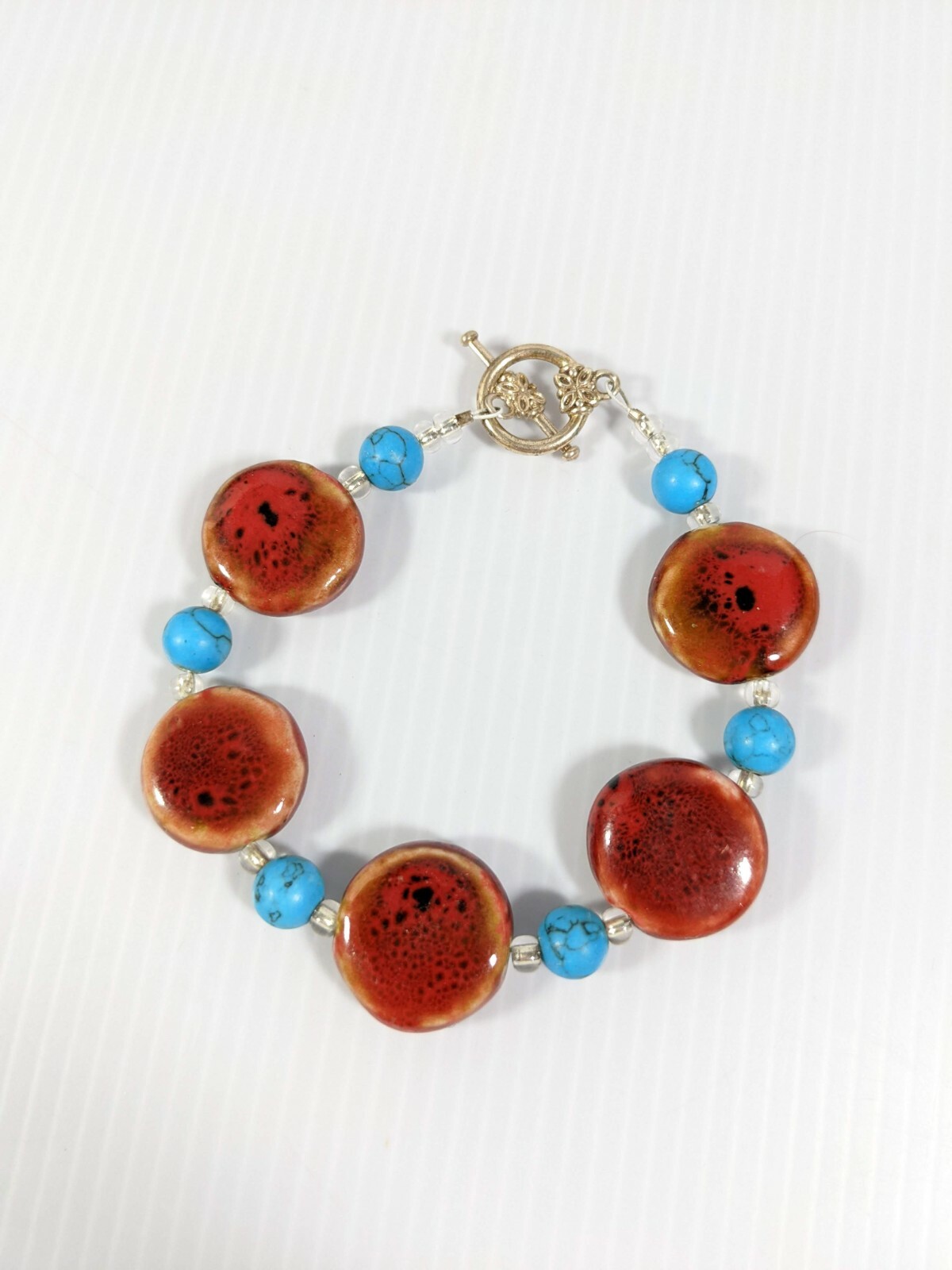 Artisan Silver Tone Blue Stone Brown Red Ceramic Round Bead Bracelet 8 inch