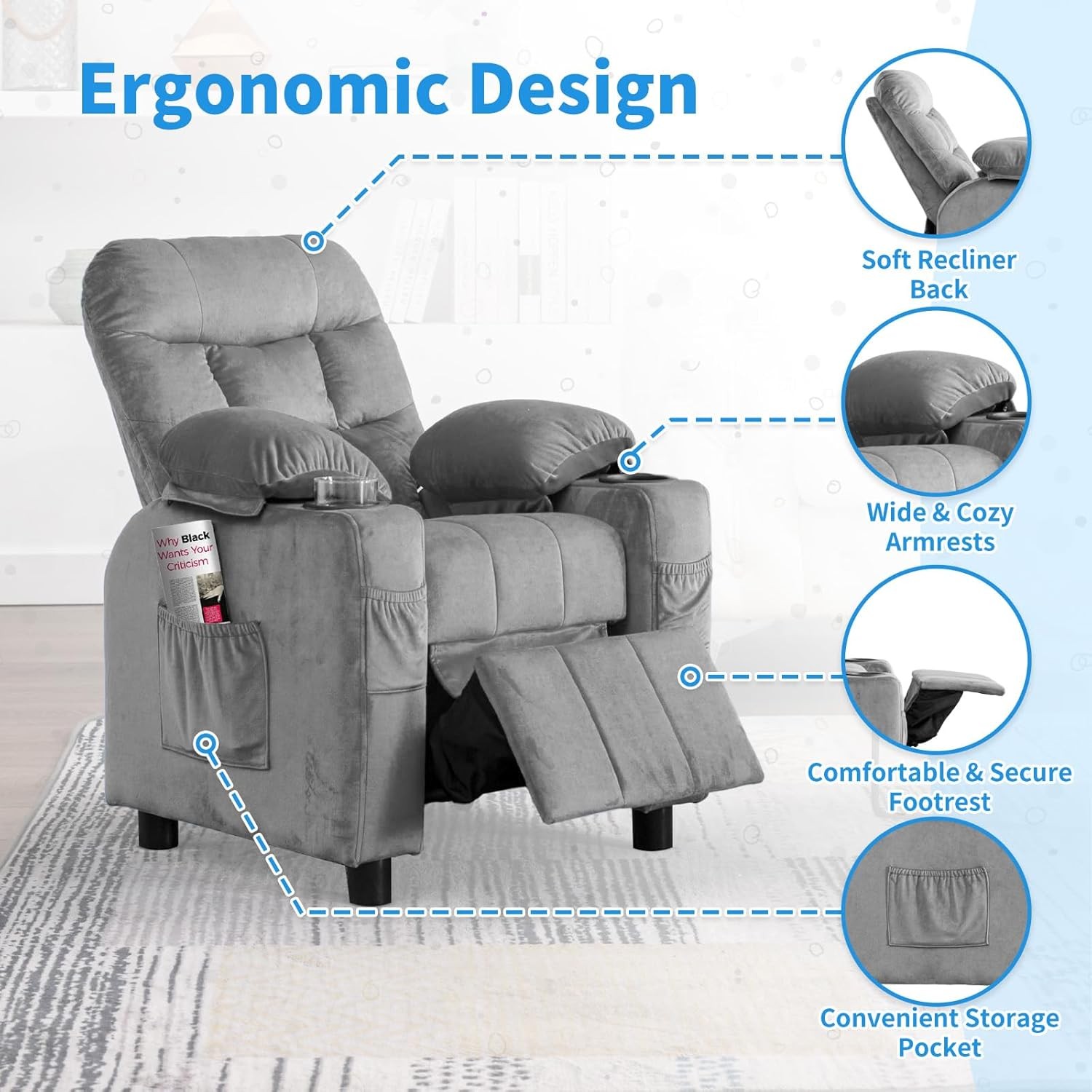 Kids Recliner Chair with Cup Holders & Side Pocket for Playroom Bedroom