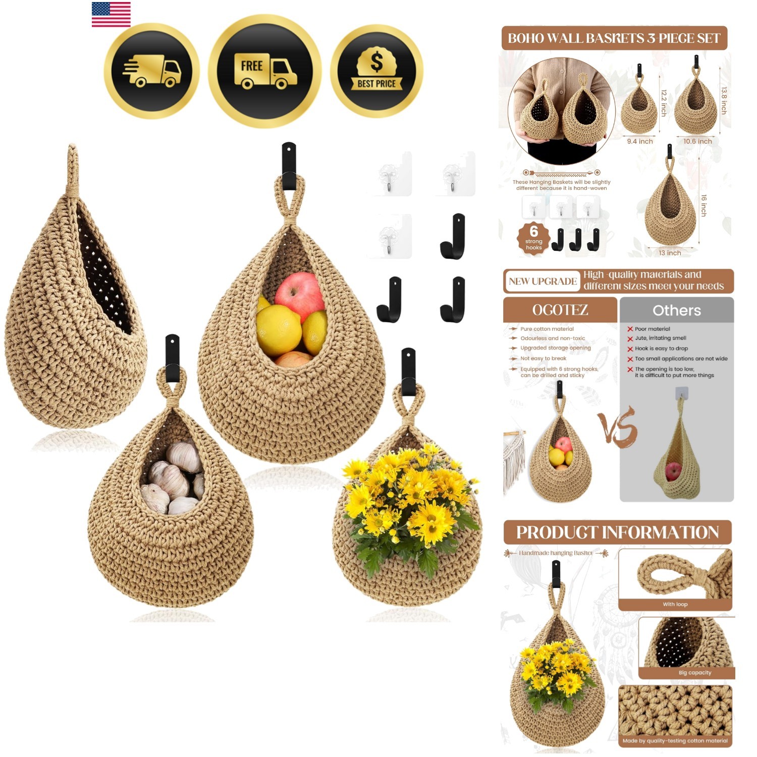 Wall Hanging Baskets for Organizing - 3 Pack Hanging Fruit Basket with 6 Pcs ...