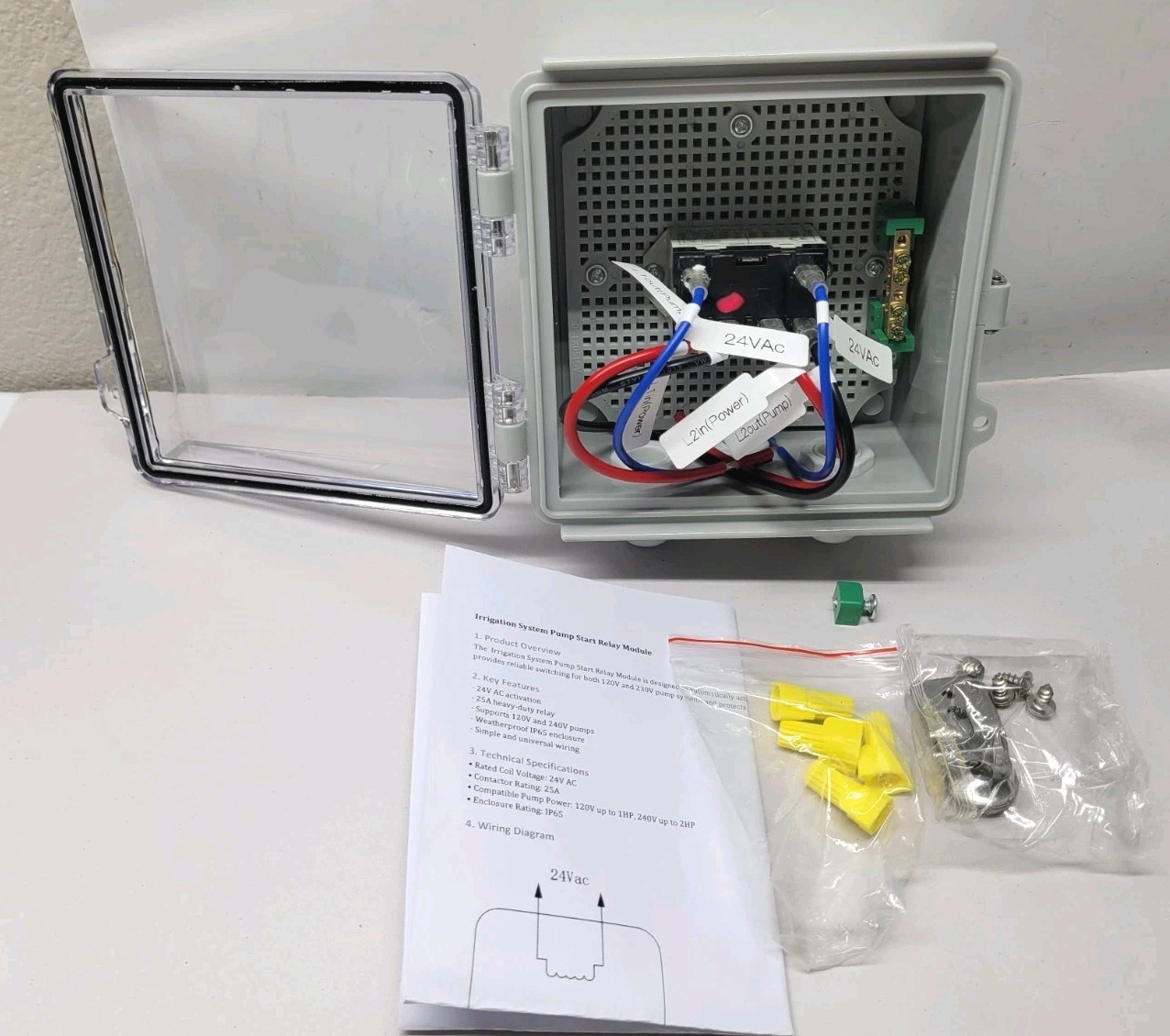 Irrigation Pump Start Relay 24V AC 25A for 1-2 HP at 120V/240V Waterproof IP65