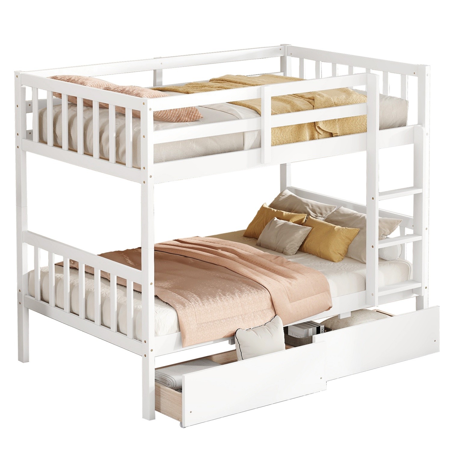 Twin Over Twin Solid Wood Bunk Bed w/ Ladder & 2 Drawers Convertible to 2 Beds