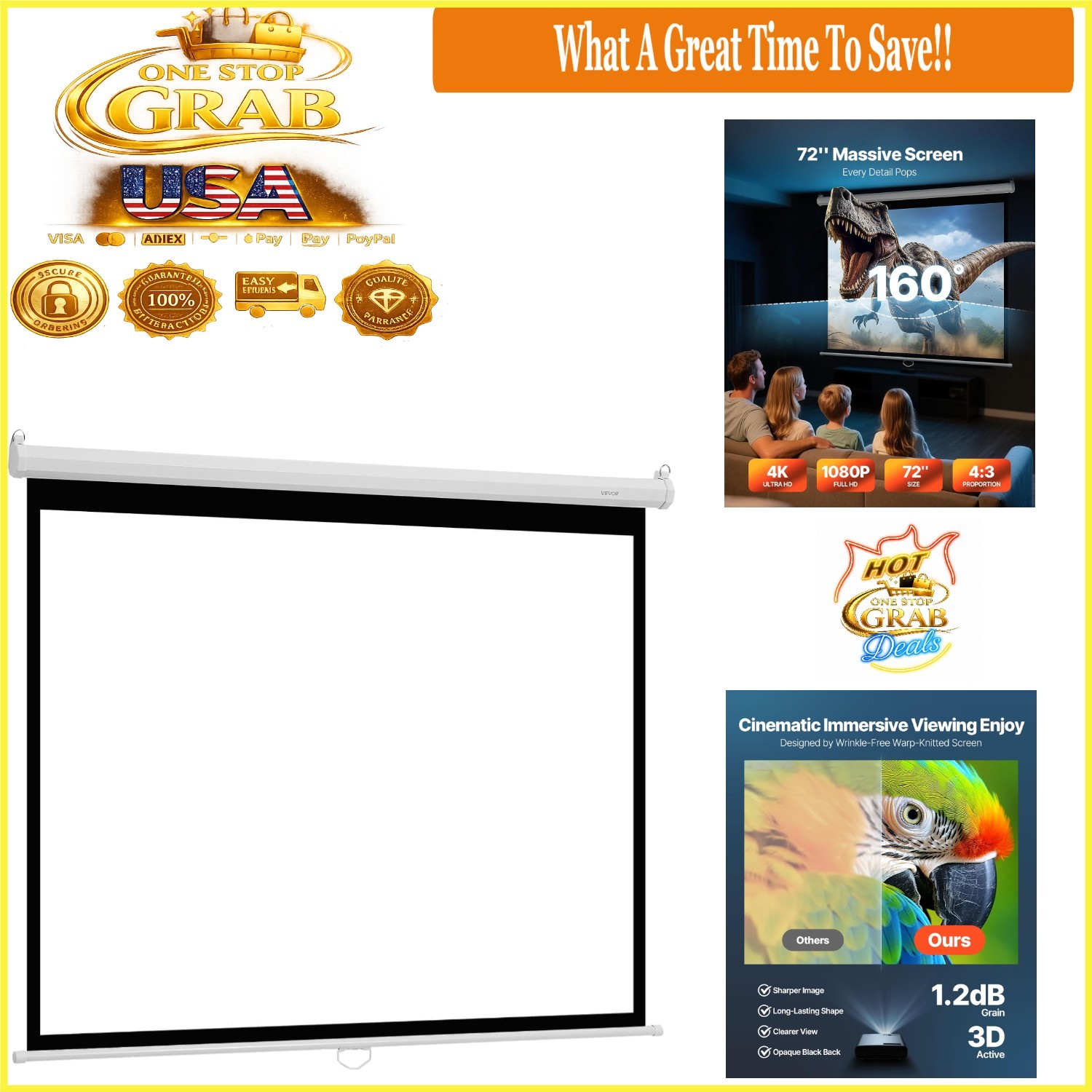 Manual 72 Inch Projector Screen 4K HD Wall Mount Retractable with Pull Rope