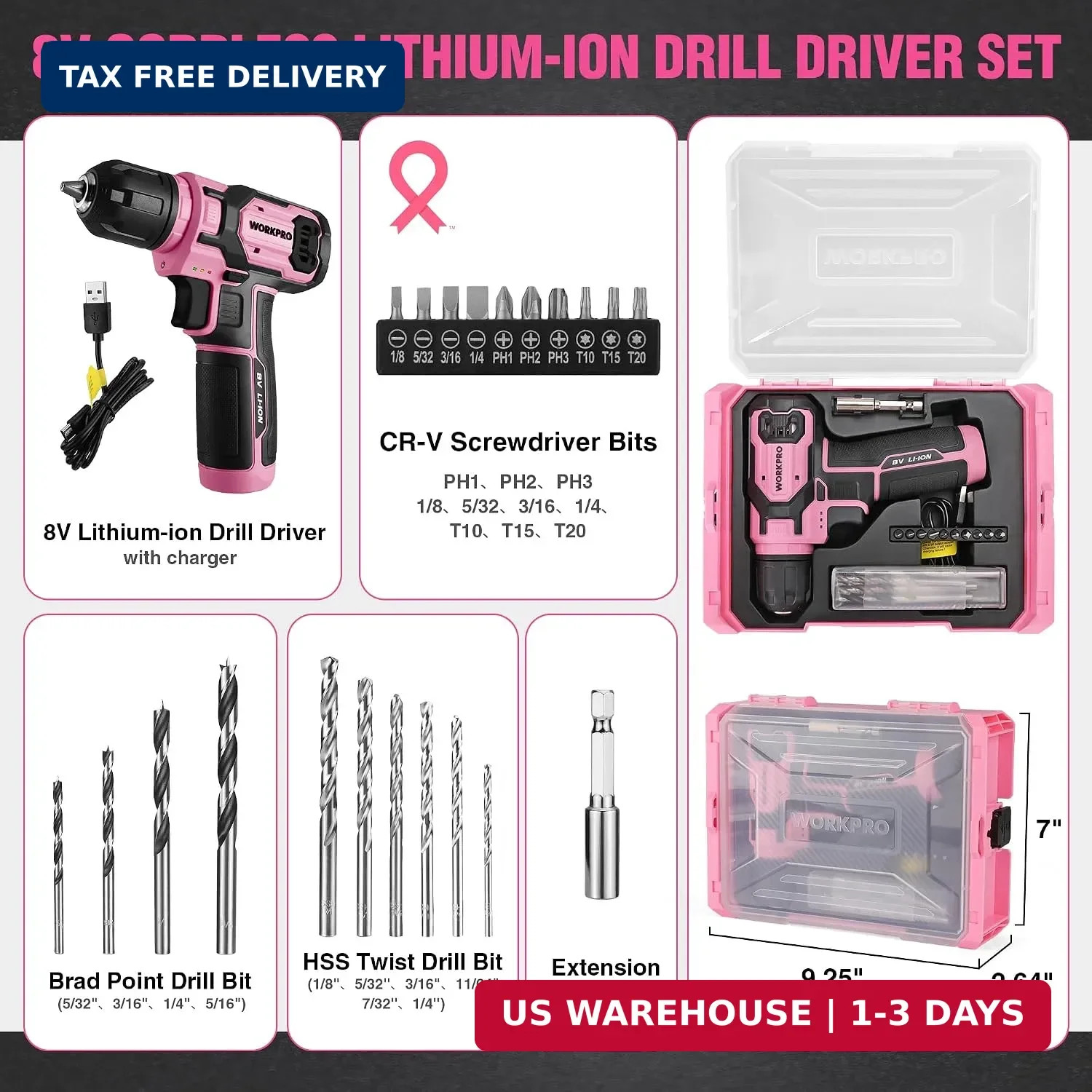Pink Power Drill Set and Stackable Tool Box, 8V Cordless Drill Driver wi