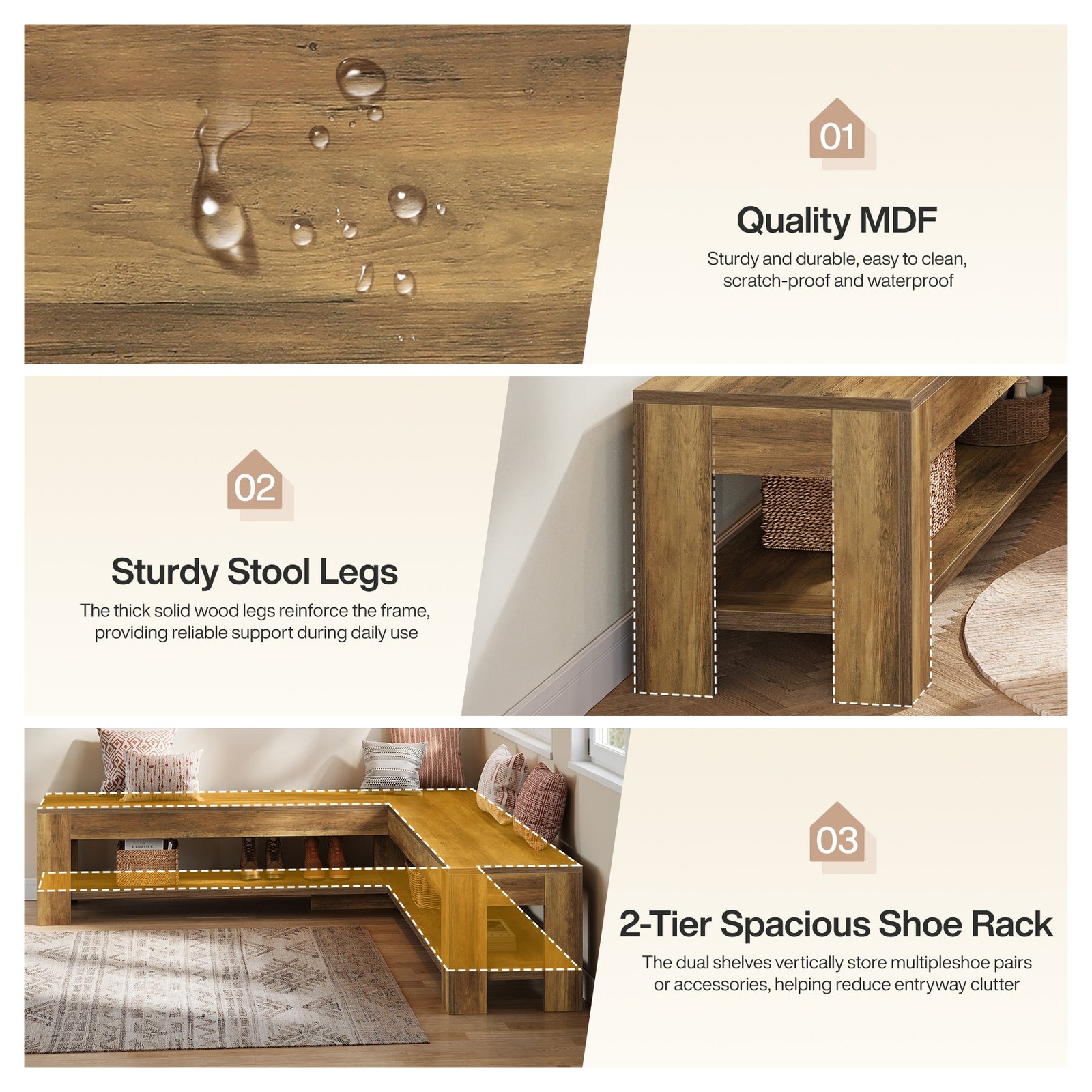 L-Shaped Dining Nook Bench with Storage Shelf, Wooden Space-Saving Corner Bench