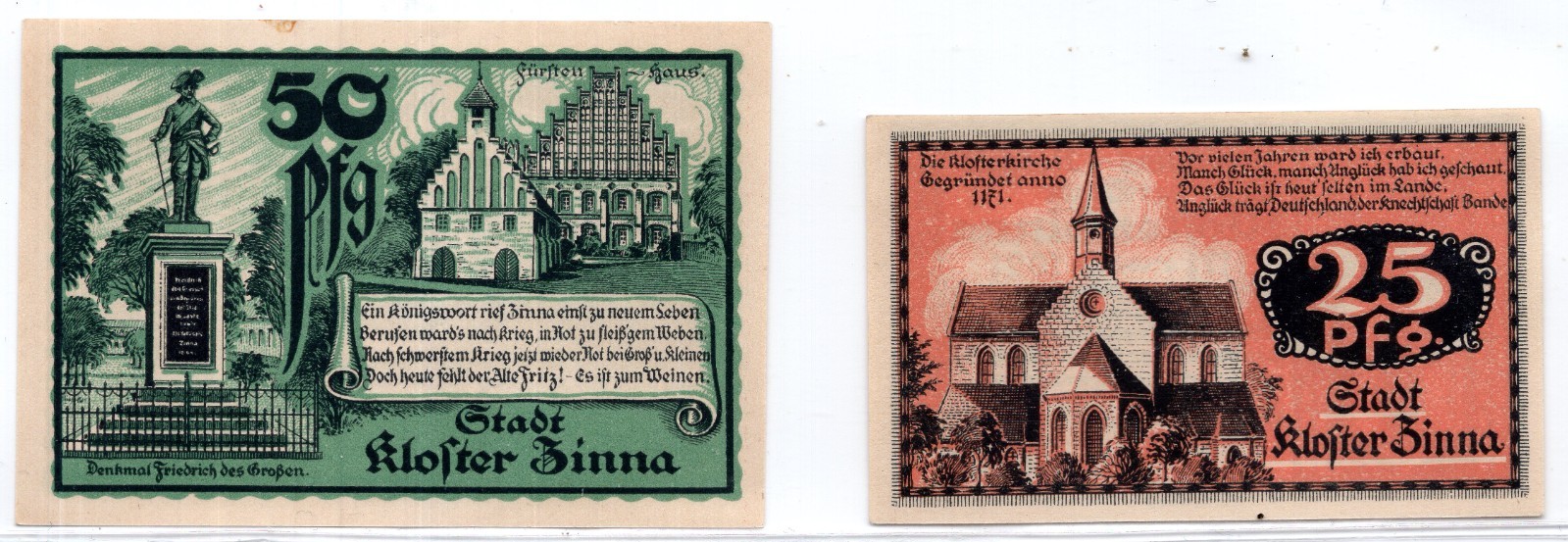 1920 Germany Kloster Zinna Notgeld 2 Notes (1853)