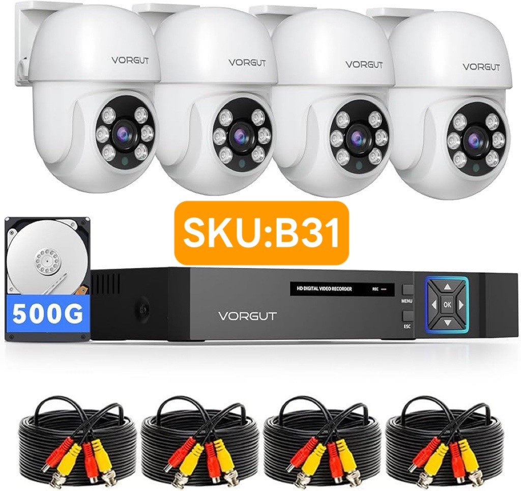 (B31)Wired 4CH 5MP DVR Security Camera System 4 Pan Tilt Cam 360 View 500GB HDD