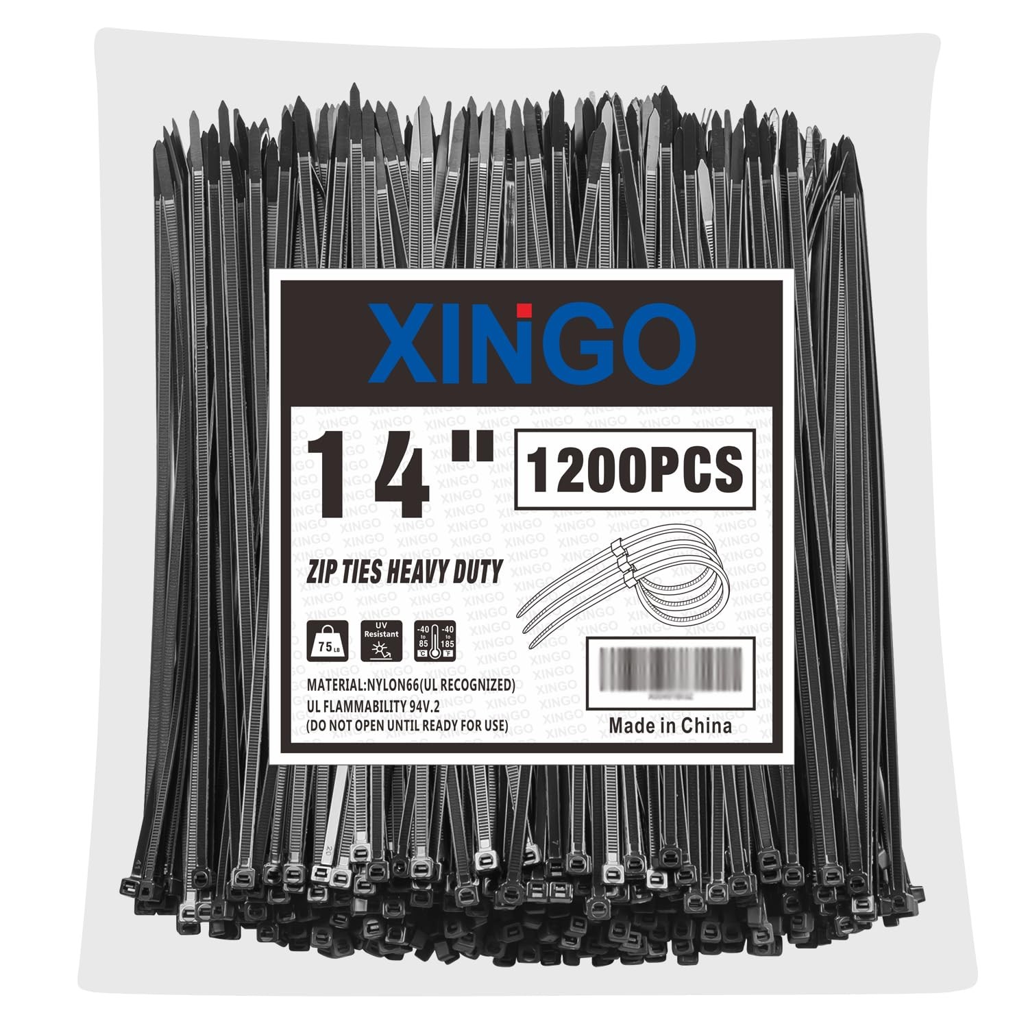 14 Inch Black Zip Ties 1200 PCS, 75 LBS Tensile Strength, UV Resistant Cable ...
