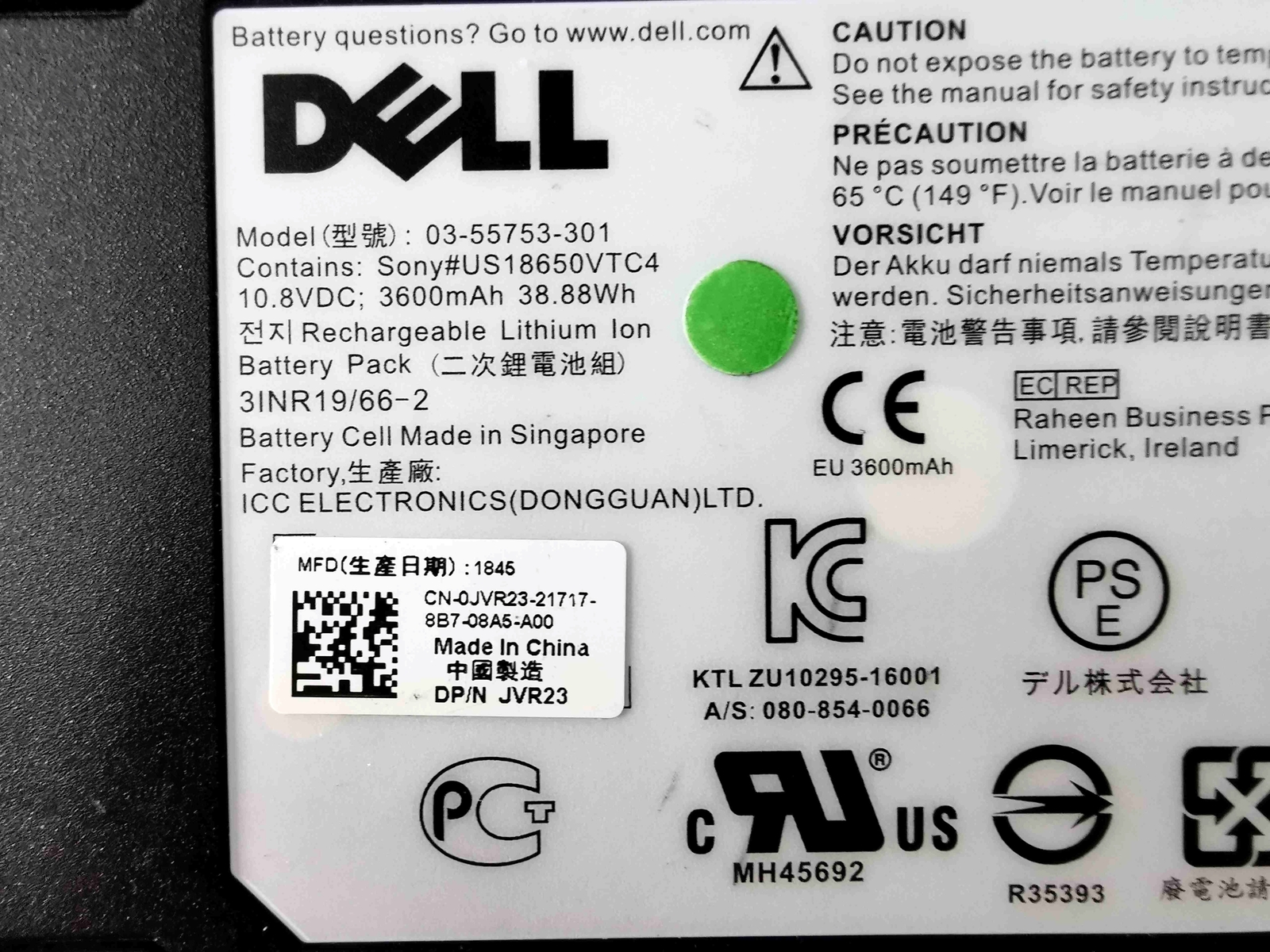 Dell SCV3020 JVR23 03-55753-301 3600mAh Rechargeable Battery Date 2023