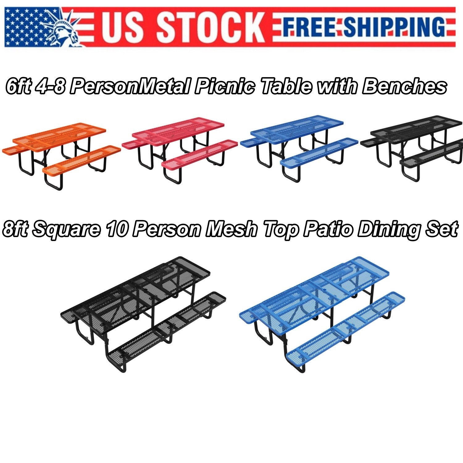 6ft or 96" Heavy Duty Metal Picnic Table w/ Mesh & Umbrella Hole Multiple Colors