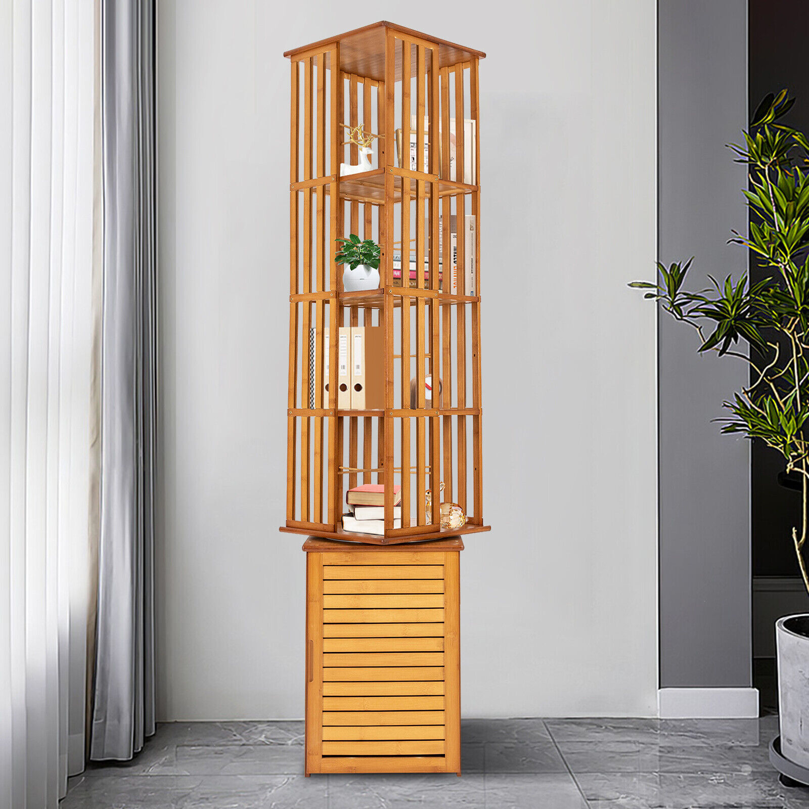 360° Rotating Bookshelf Wood Bookcase Storage Shelf Freestanding Display Rack US