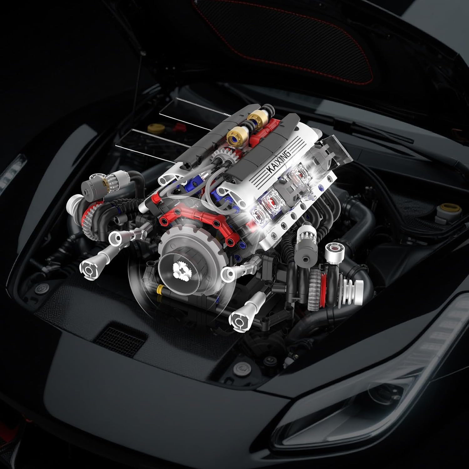 V8 Engine Kits That Works Building Sets,Car Engine Model Kit with Motor and Lig