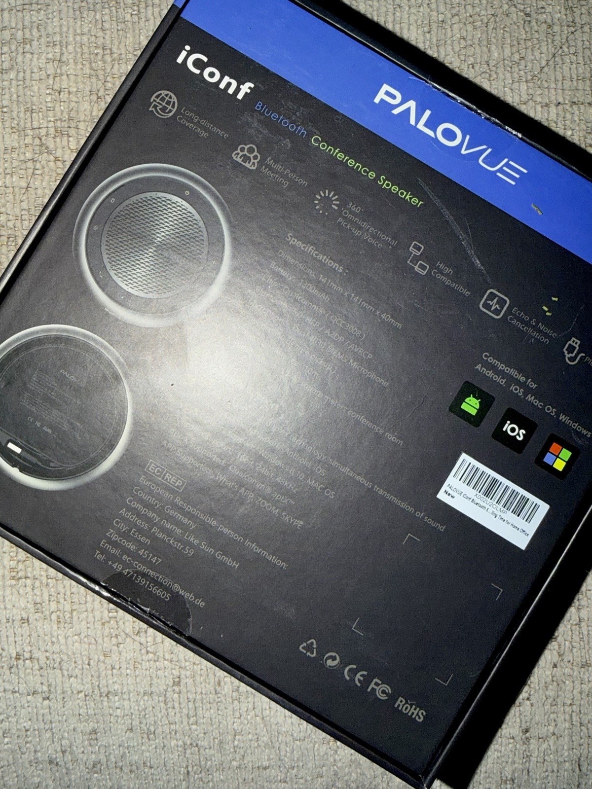 Speakerphone Palovue iConf Bluetooth Conference Speaker 5.0 Speakerphone NEW