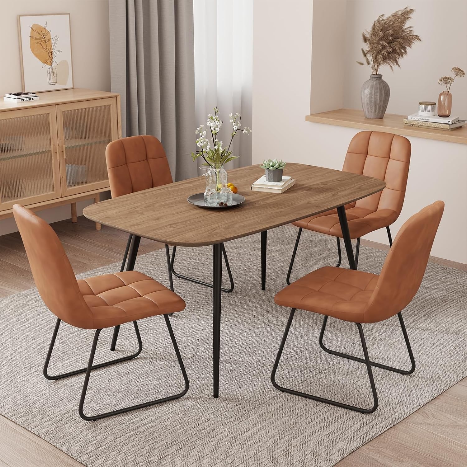 47.2" Modern Farmhouse Dining Table Wooden Rectangular Dining Table with Metal
