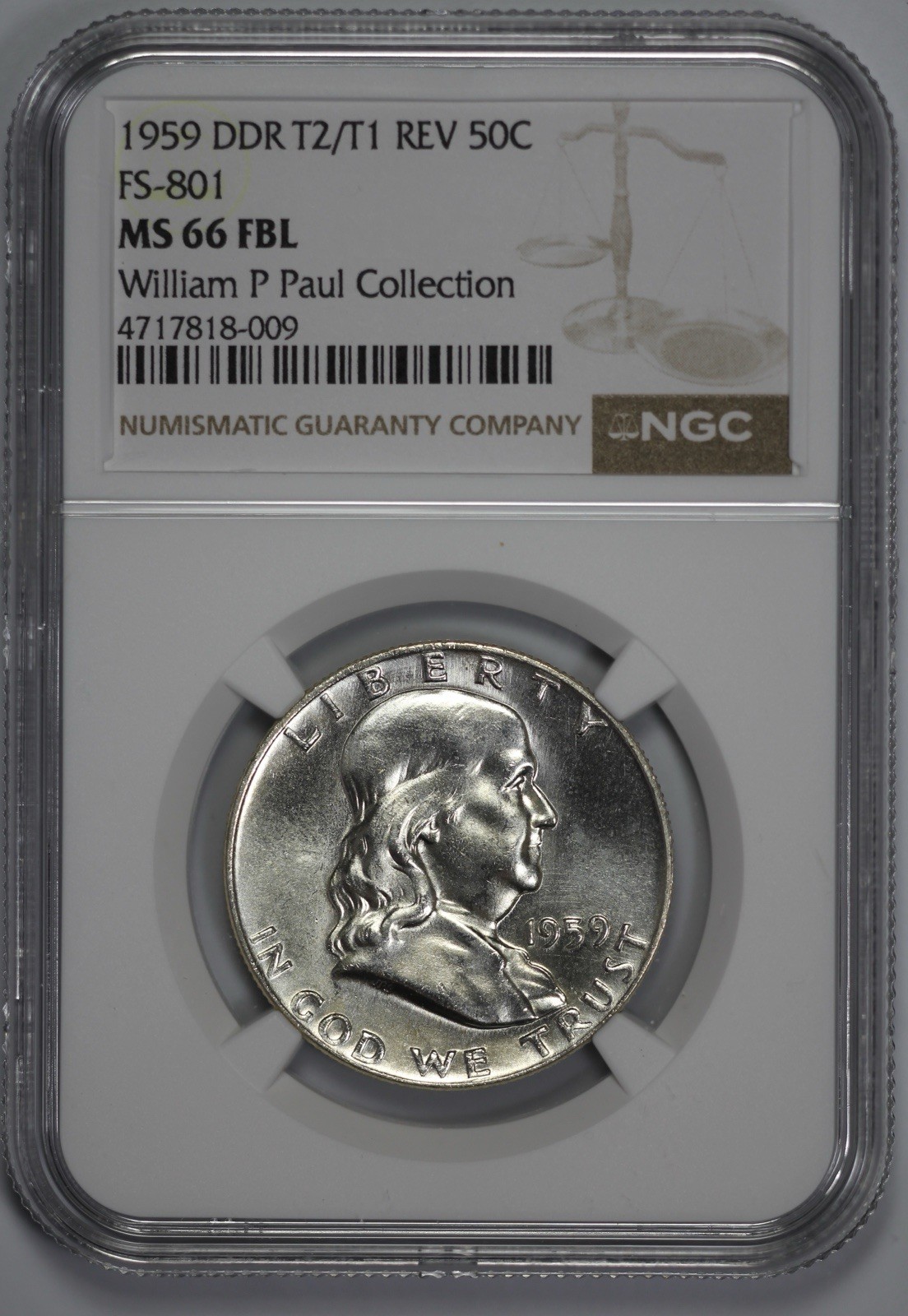 1959 Franklin 50c DDR T2/T1  FS-801 NGC MS 66 FBL Semi Proof Like Double Die Rev