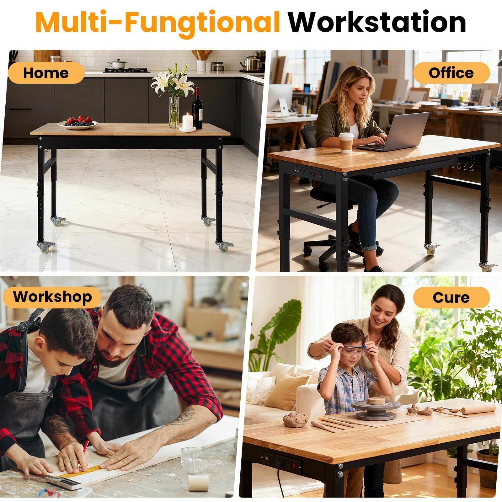 60" Adjustable Workbench w/Drawer & Power Outlets, 2000Lbs Work Table for Garage