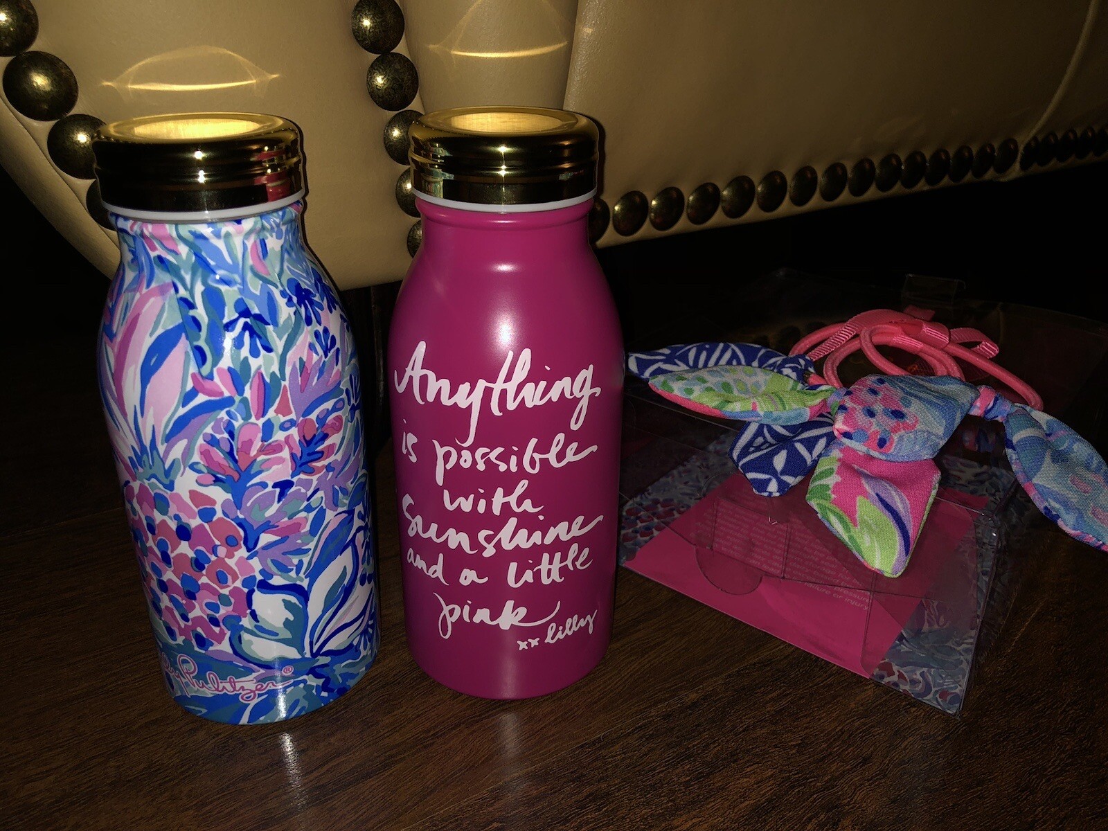 Lilly Pulitzer Party Princess GWP SET 2 BOTTLES & HAIR TIES Stainless Steel NWT