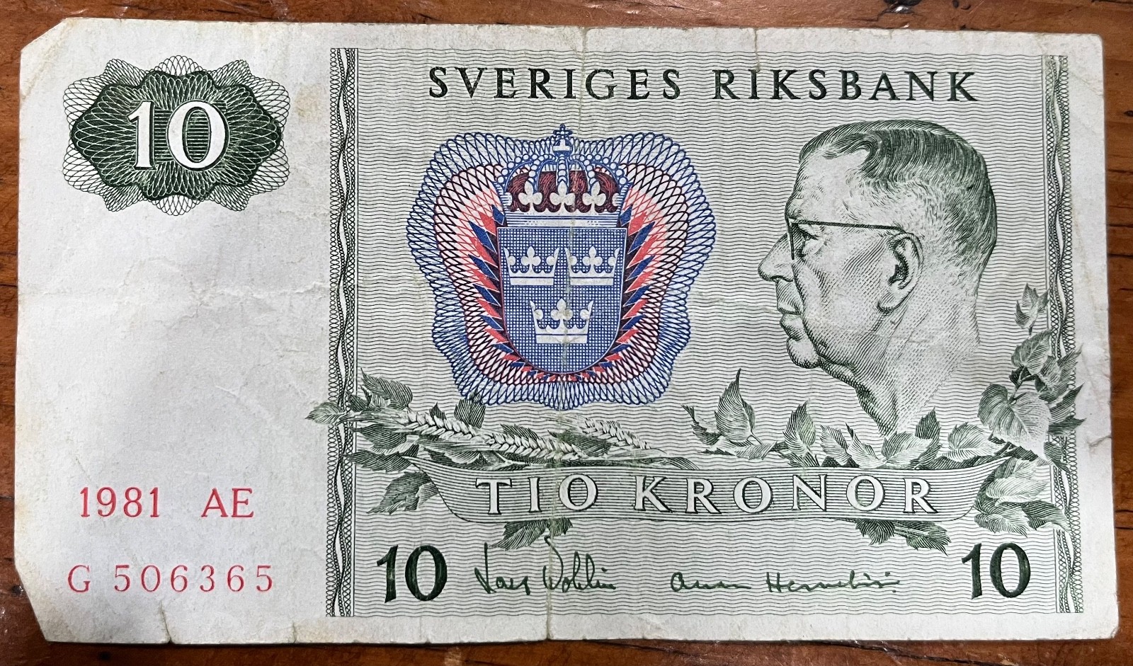1981 Sweden Tio Kronor Sveriges Riksbank Banknote 10 Kronor