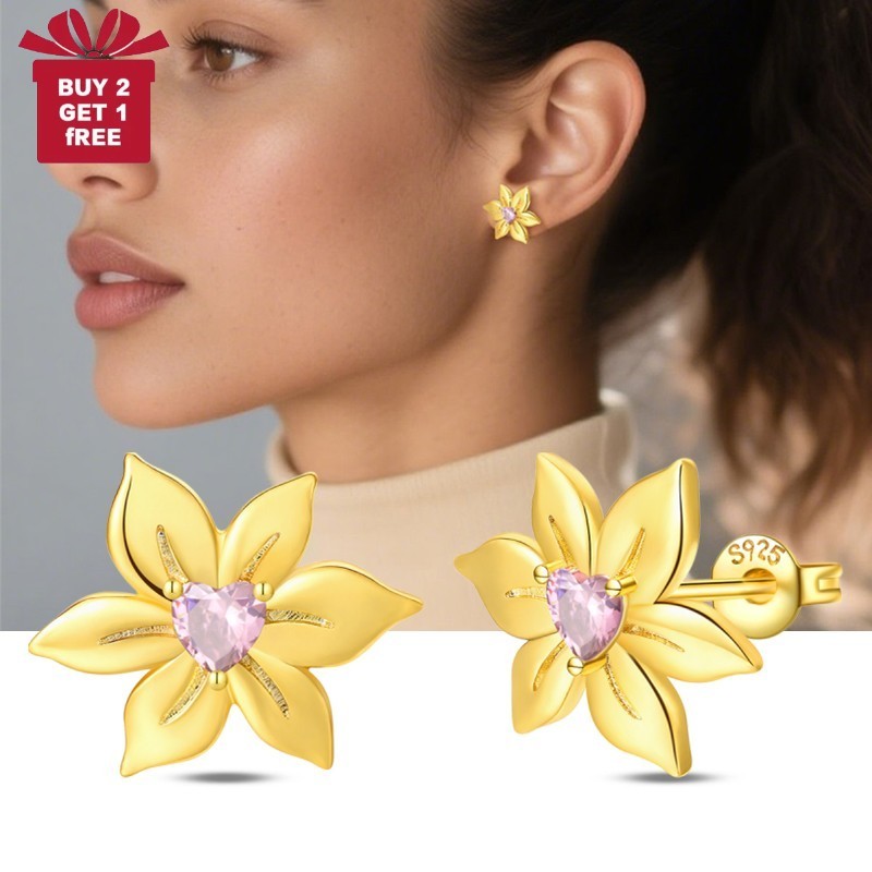 PANDACH 14K Gold Plated Flower Stud Earrings Heart CZ For Women Jewelry Gifts