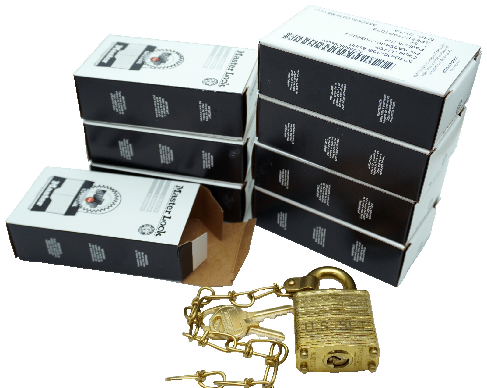 Lot (8) Master Lock DG Commercial Brass Military Padlocks w/Chain - Keyed Alike