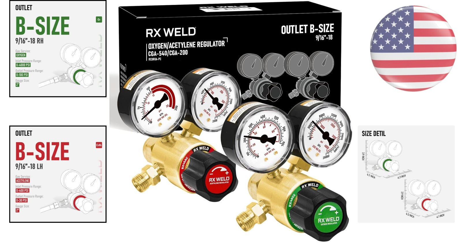 Durable Oxygen & Acetylene Regulators Set with Dual Gauges - PC Handle Included