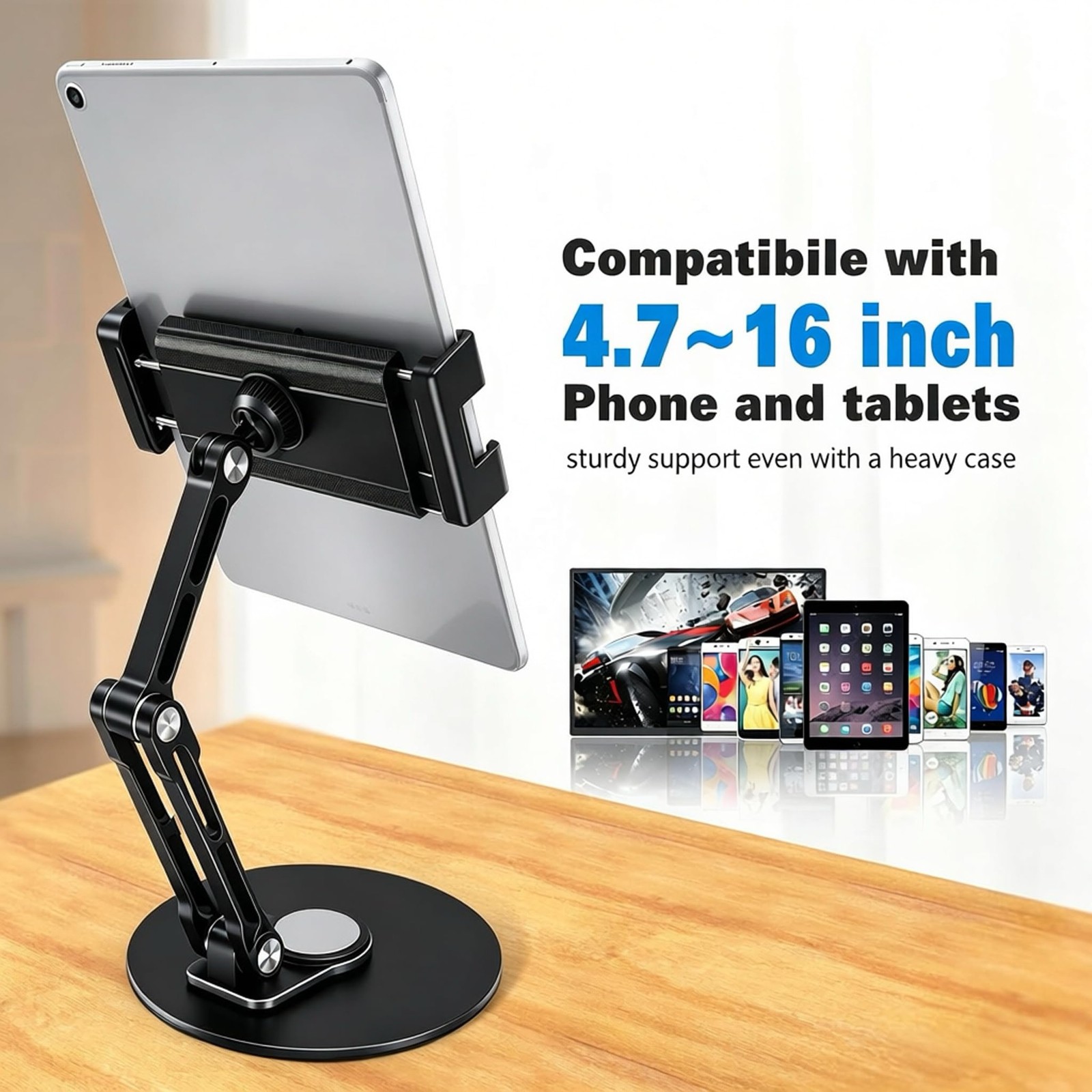 Bimo 360° Rotatable Aluminum Tablet Stand, Foldable Multi-Angle Desk Black