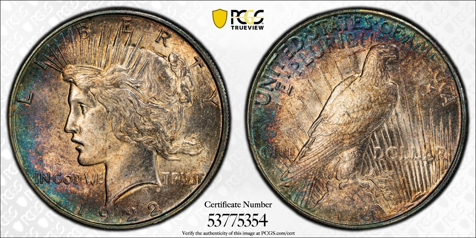 1922 S Peace Dollar  PCGS UNC Detail (Questionable Color/Toning) Attractive Type
