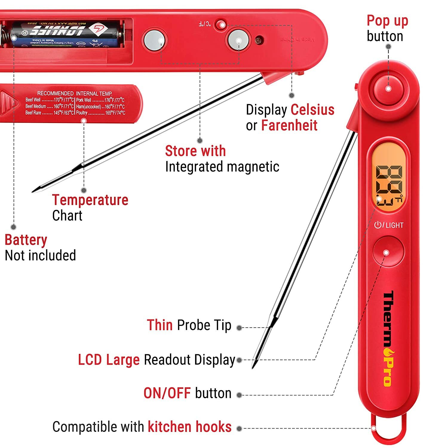 ThermoPro TP03B Digital Instant Read Meat Thermometer Backlight & Magnet BBQ Red