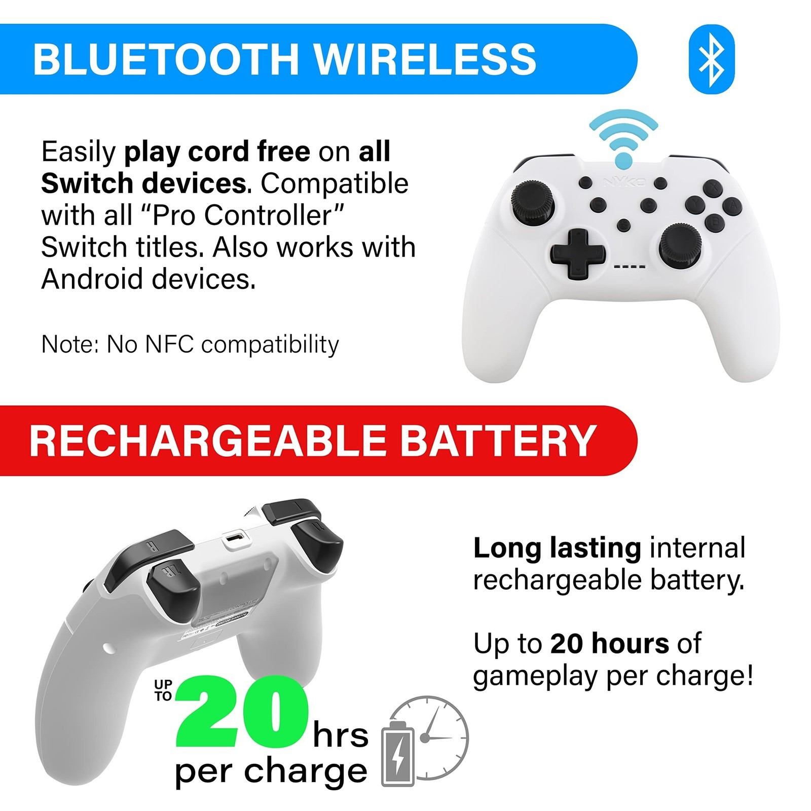 Nyko Wireless Mini Core Turbo Controller for Nintendo Switch 1 & 2 ~ WHITE
