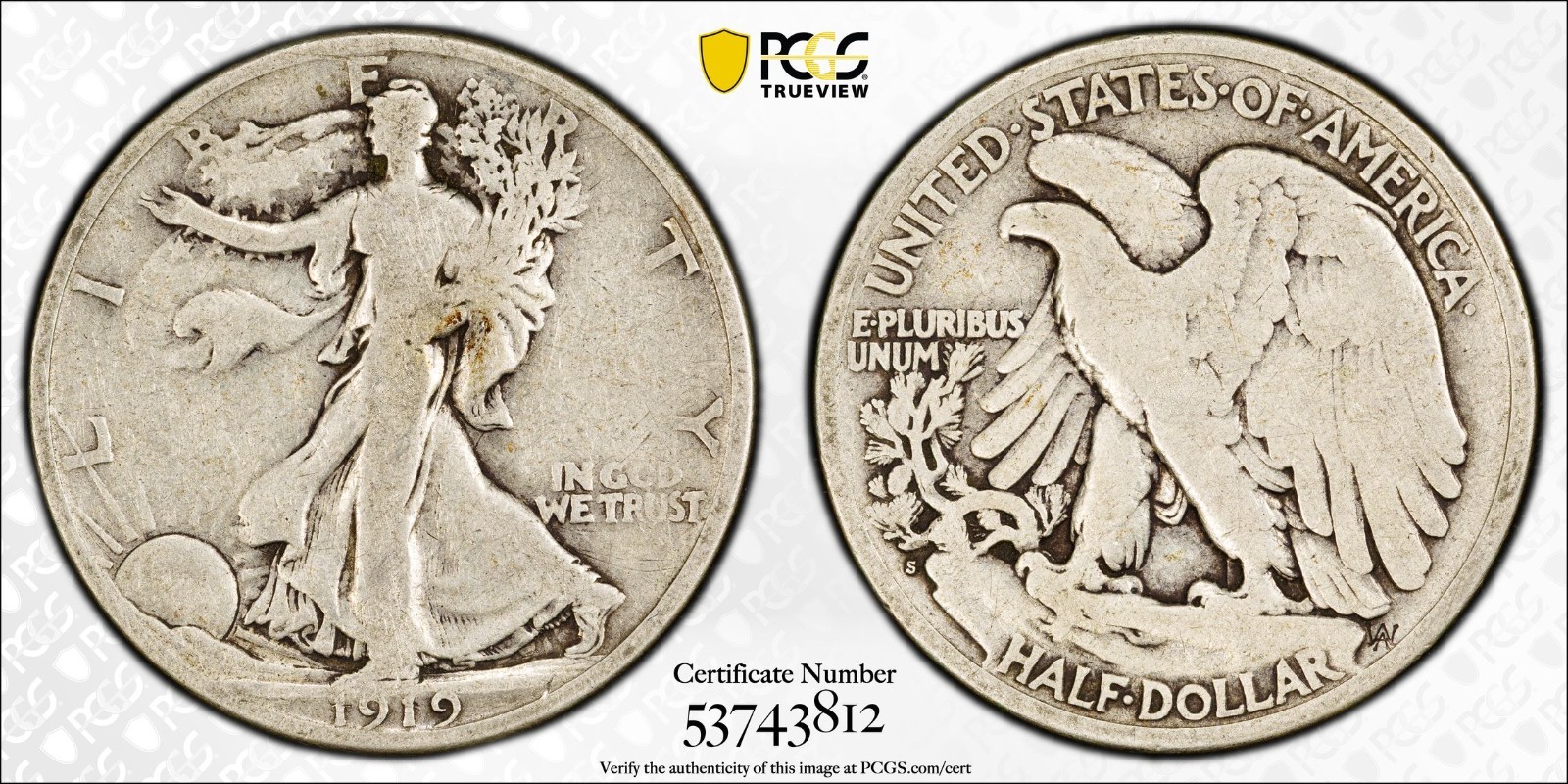 1919-S 50c Walking Liberty Silver Half Dollar - PCGS VG08 - Nice Original Coin