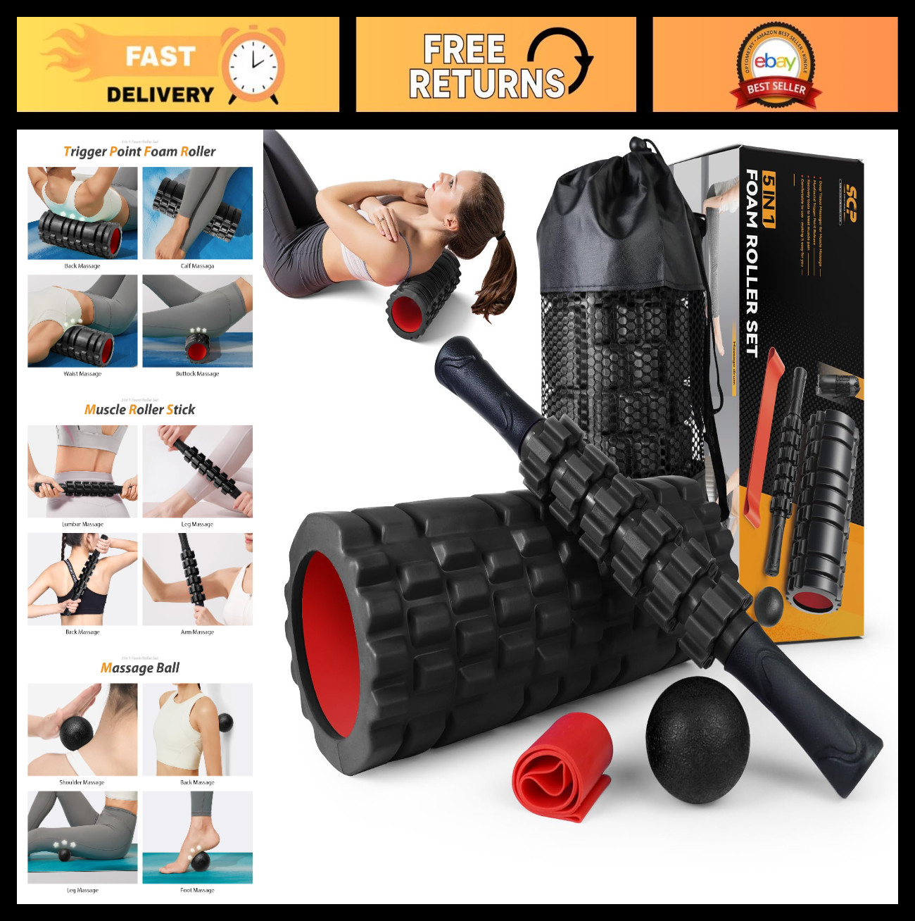 5 in 1 Foam Roller Set - Trigger Point Massage Stick, Ball & Resistance Band for