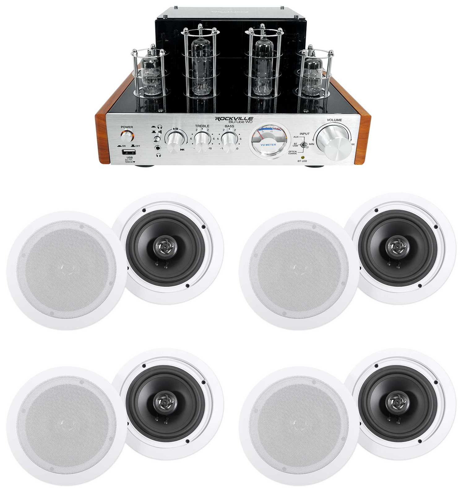 Rockville 2-Tone Tube Amp/Home Theater Receiver+(8) 6.5" White Ceiling Speakers