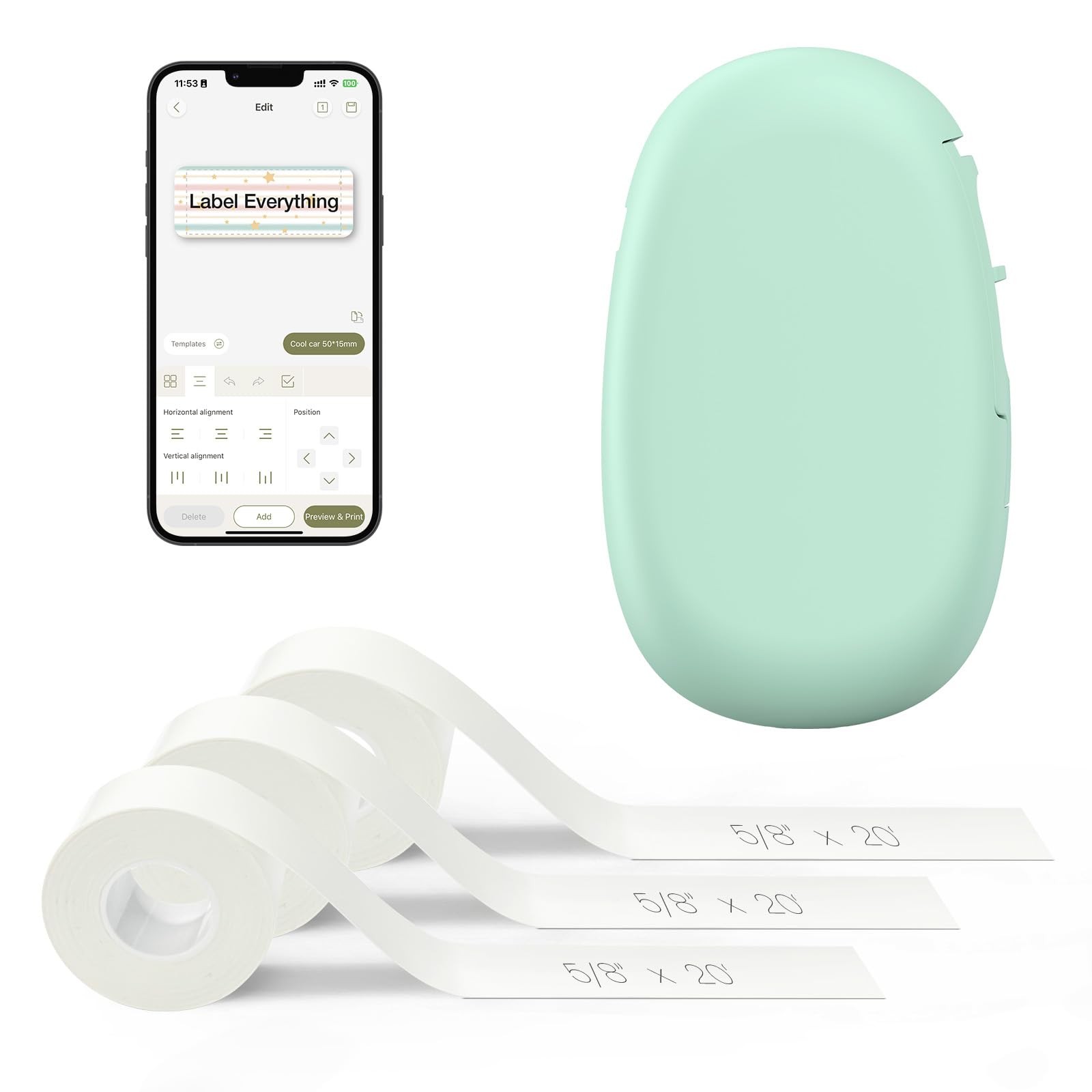 E10 Bluetooth Label Maker Machine with 3 Tapes Continuous Waterproof Label Ve...