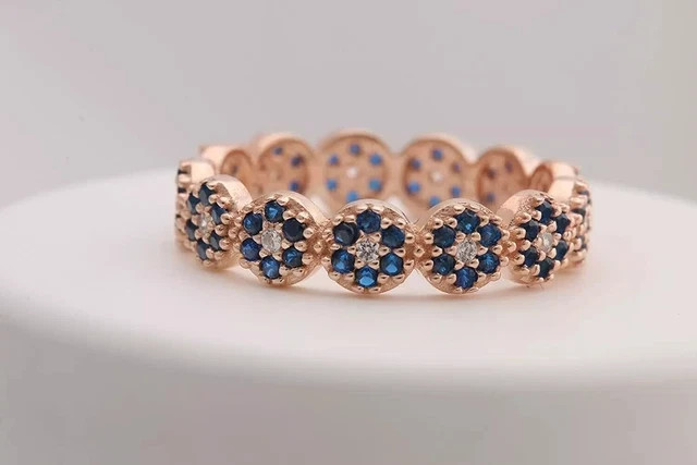 2.6Ct Round Cut Lab Created Blue Sapphire Band Wedding Ring 14K Rose Gold Plated