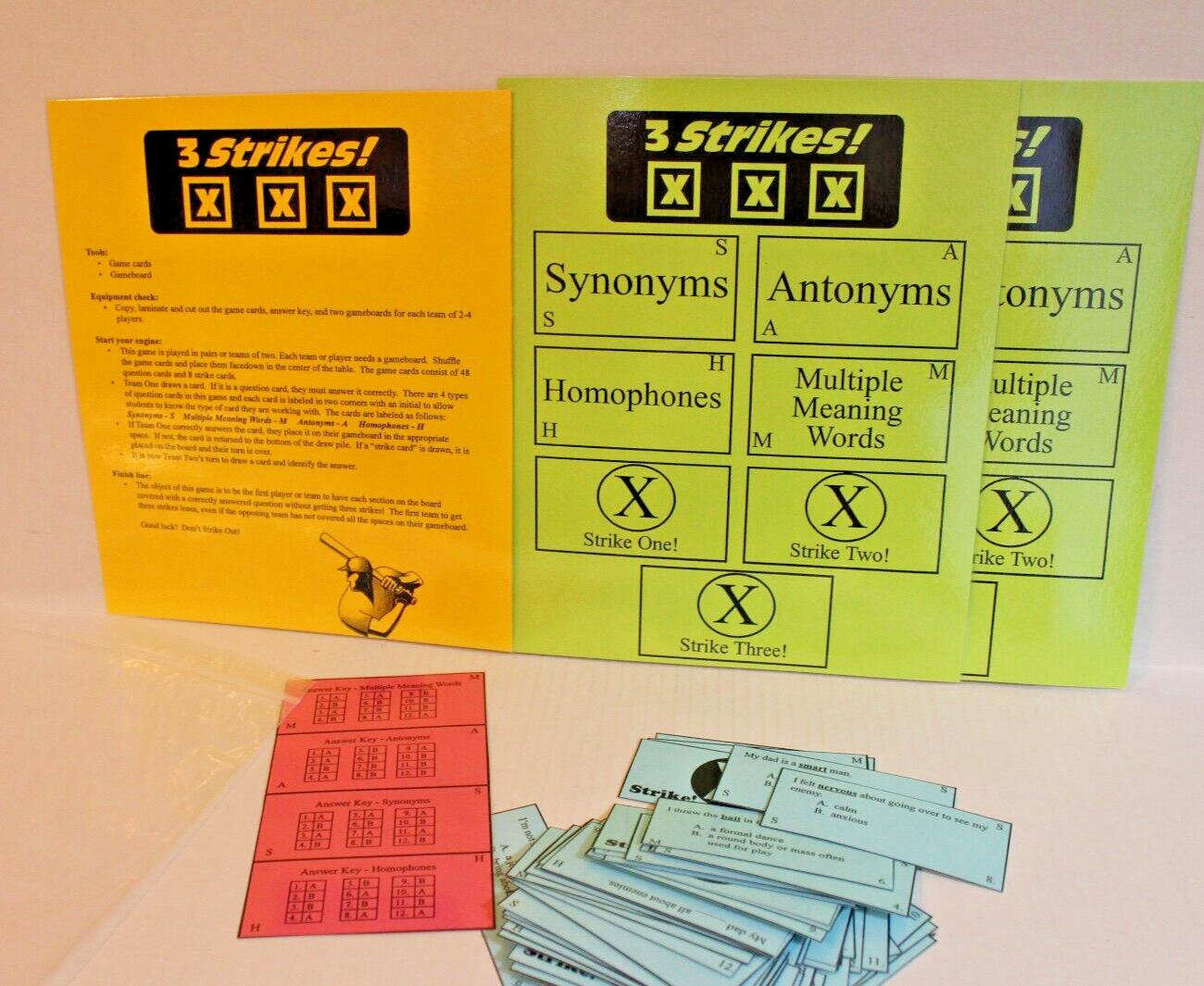 "3 Strikes!" Language Arts Game for Grades 3-5 Antonyms Homophones Synonyms
