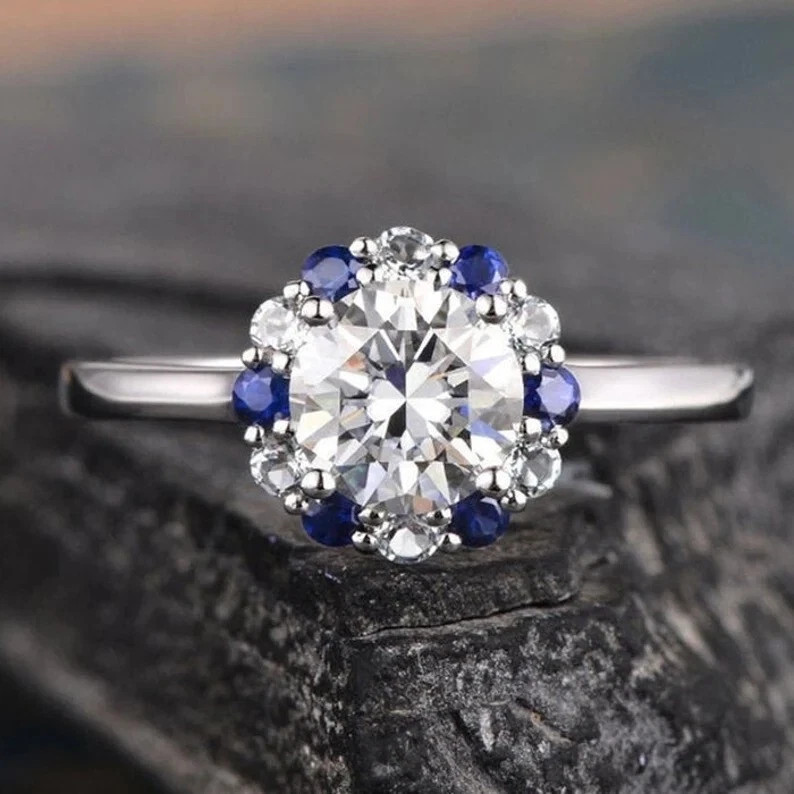 Cluster 14K White Gold Finish 2Ct Round Lab Created Diamond & Sapphire Ring
