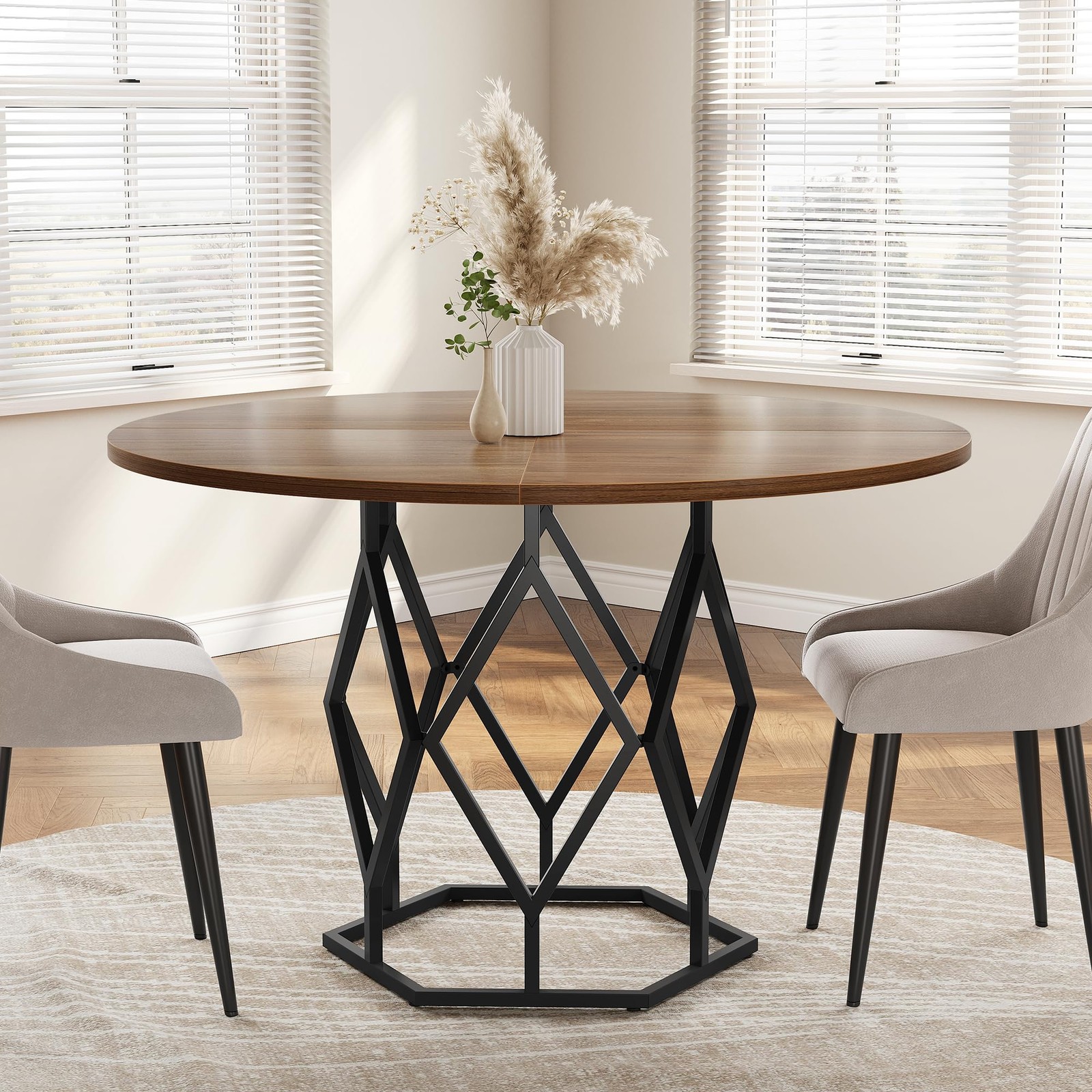 47'' Round Dining Table,Rust-Proof Metal Base, Stable Streamlined Design for 4-6