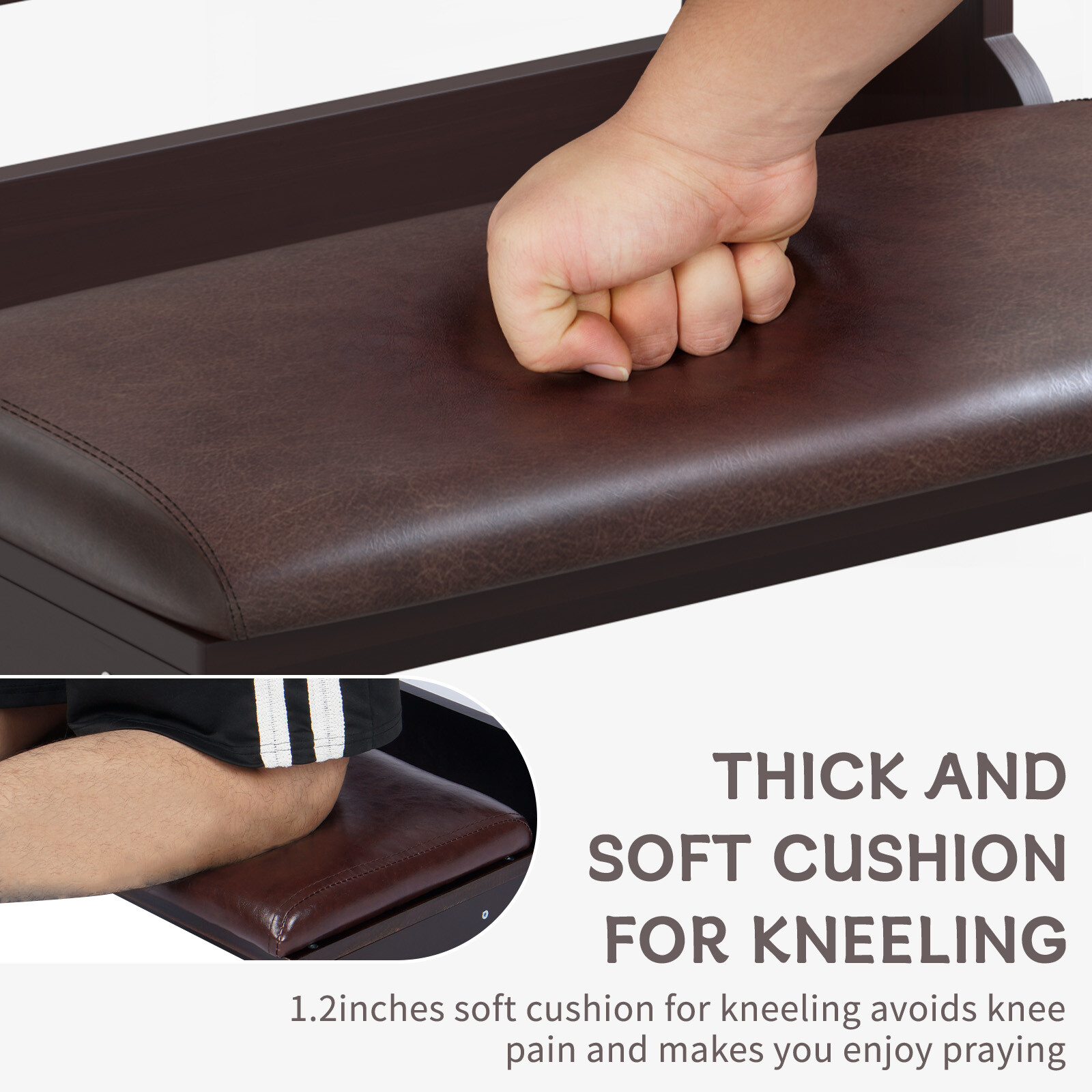 Prayer Bench Stool Solid Wood Prayer Kneeler w/ Shelf & Cushion Church Prayer