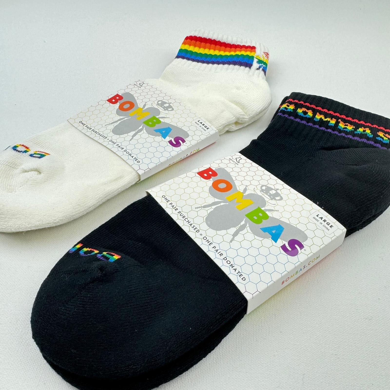 2-Pack Rainbow Bombas Bee Proud Quarter Pride Socks White Black Large Unisex