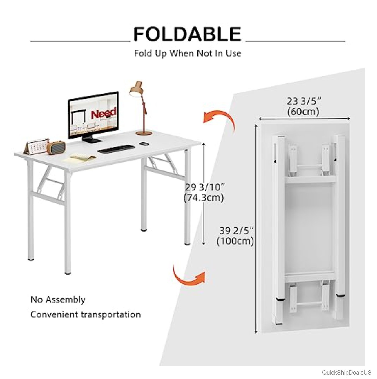 Folding Desk 39 Inch Computer Table Teak White Frame No Assembly Needed Office