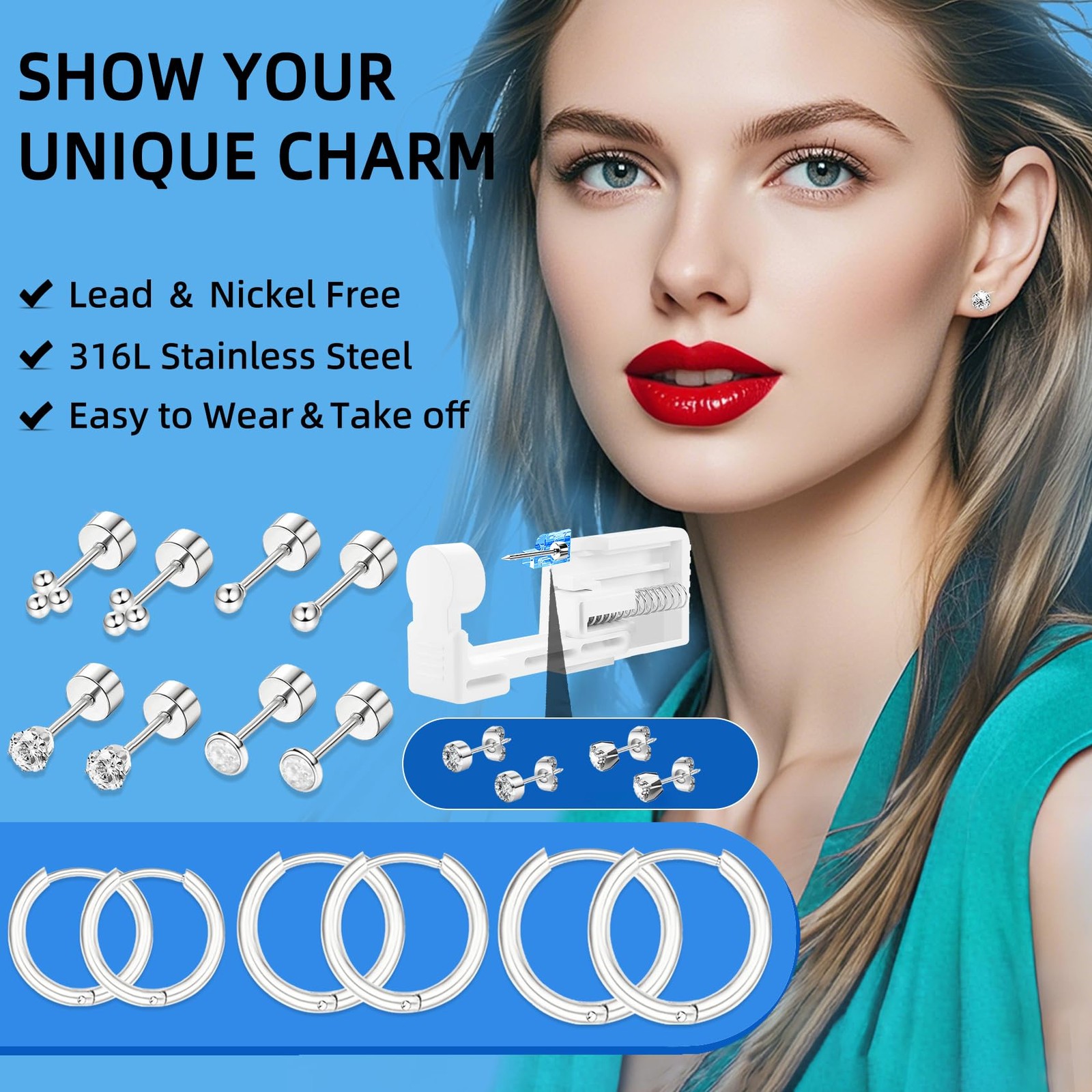 26 Pcs Ear Piercing Kit Ear Disposable Piercing Gun Kit Includes 4 Pcs Self Pier
