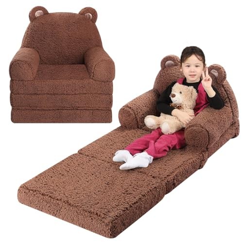 Kids Sofa, Sherpa Couch with Tri-Layer Foam Cushions, Comfy Medium Teddy Bear