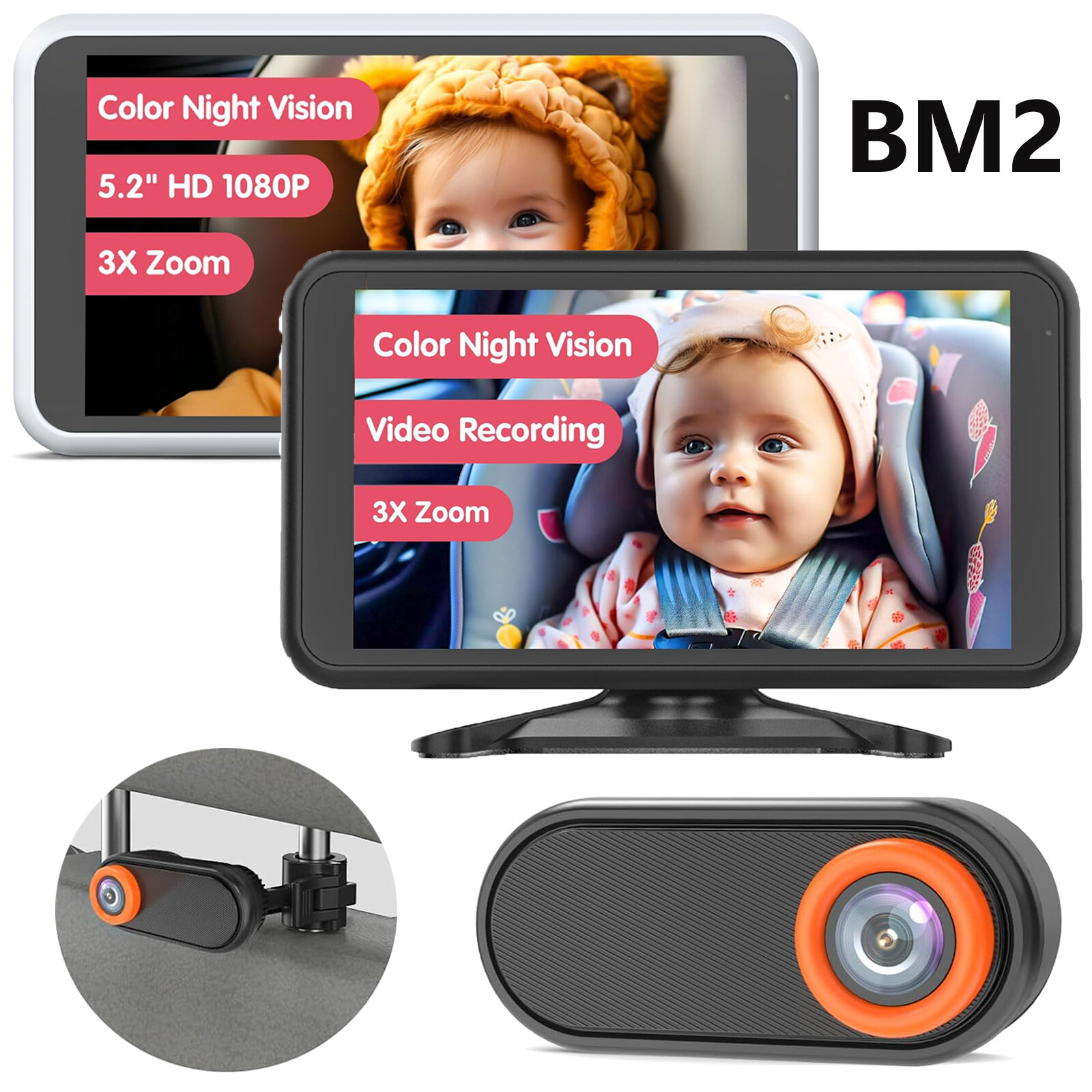 Baby Car Camera 5.2" 1080P Color Night Vision Monitor 360° Rotation for Backseat