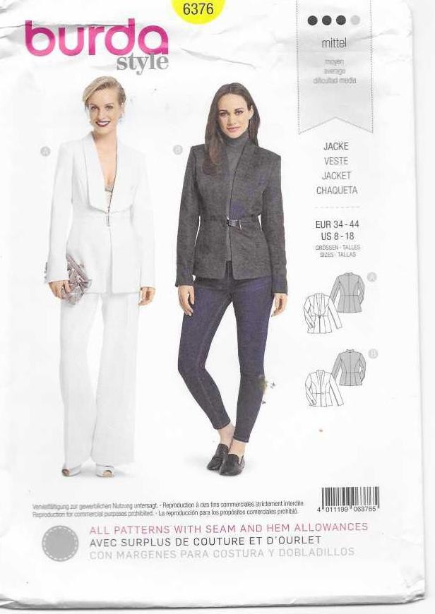 B66 BURDA 6376: JACKET SIZE 8-18 SEWING PATTERN