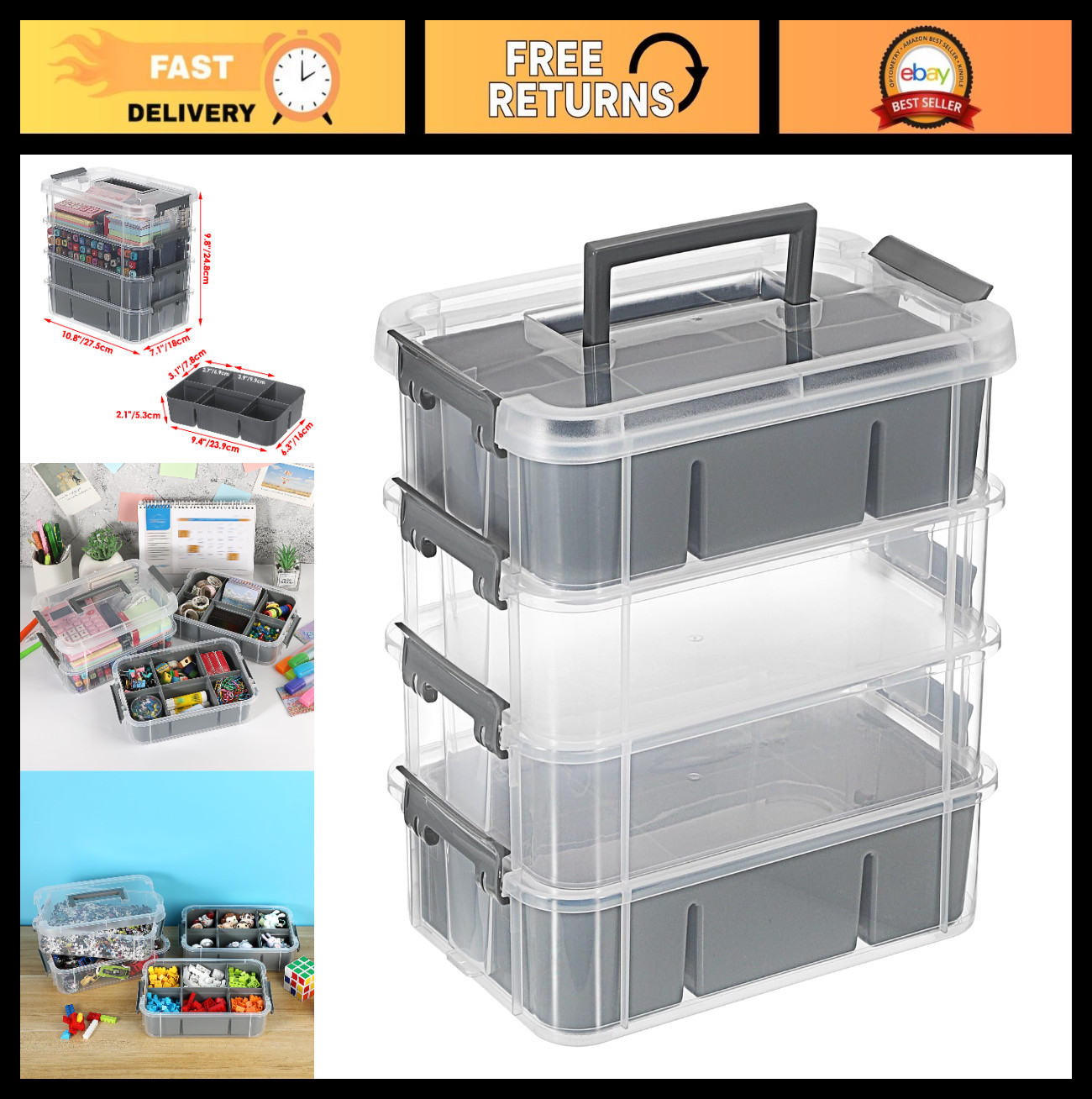 4-Tier Stackable Plastic Storage Bins with Lids & Handle - Clear Organizer for C
