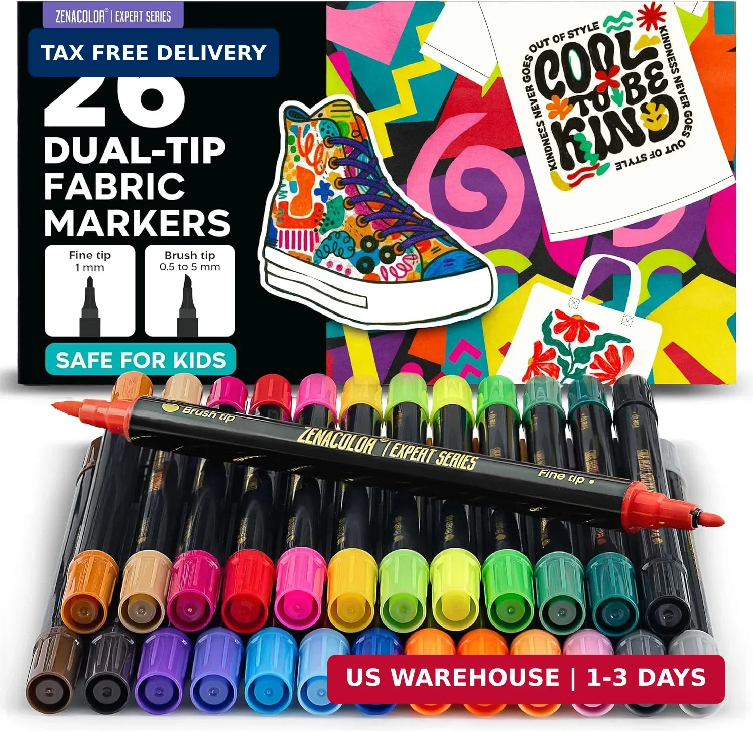 Zenacolor 26 Dual Tip Fabric Paint Marker - Non Toxic Fabric Markers Permanent F