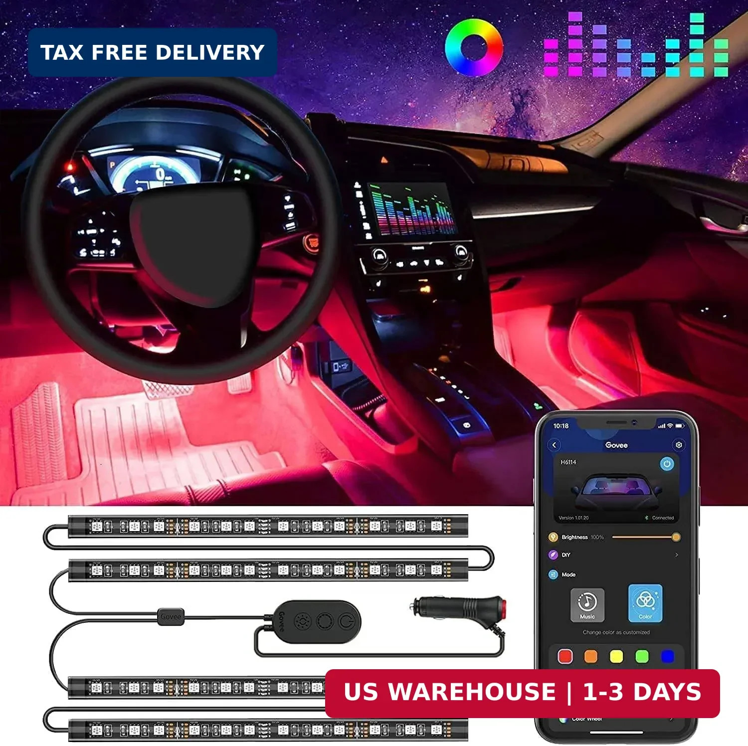 Car LED Lights, Smart Car Interior Lights with App Control, RGB Lights with DIY