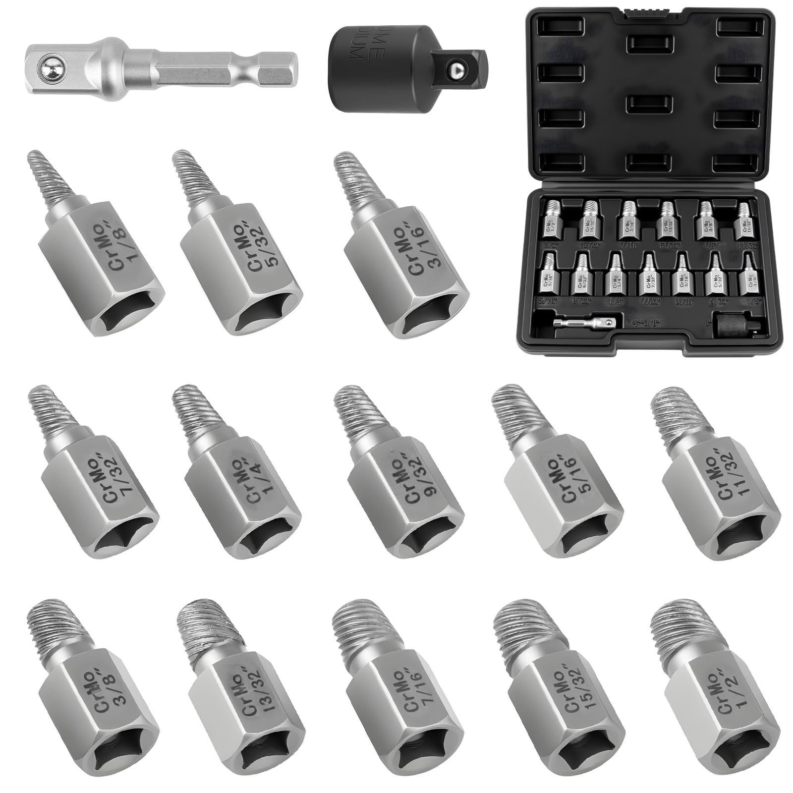 Extractor Tornillos 15pc Removedor Pernos Rotos Barridos Dañados Tuercas Cr-Mo